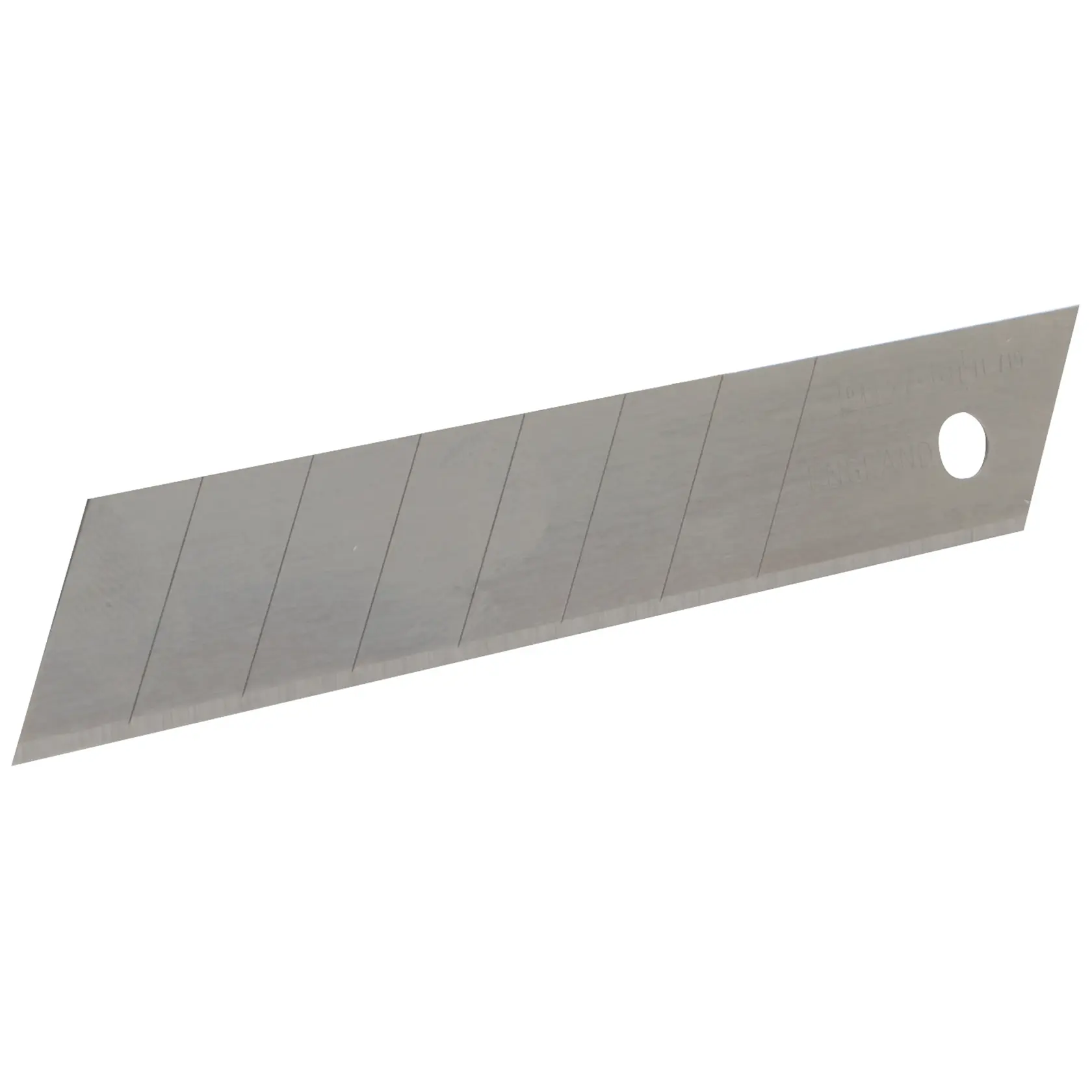 A segmented utility knife blade with a sharp edge and hole for attachment, shown on a white background.
