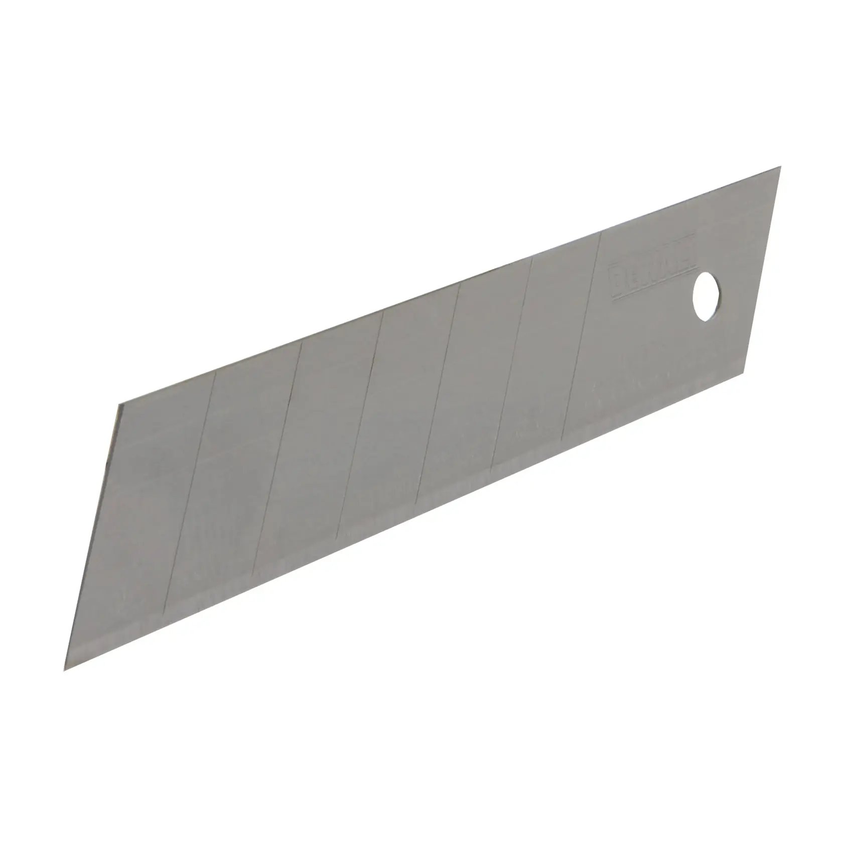 DEWALT snap-off utility blade with angled tip and scored sections for easy breaking.