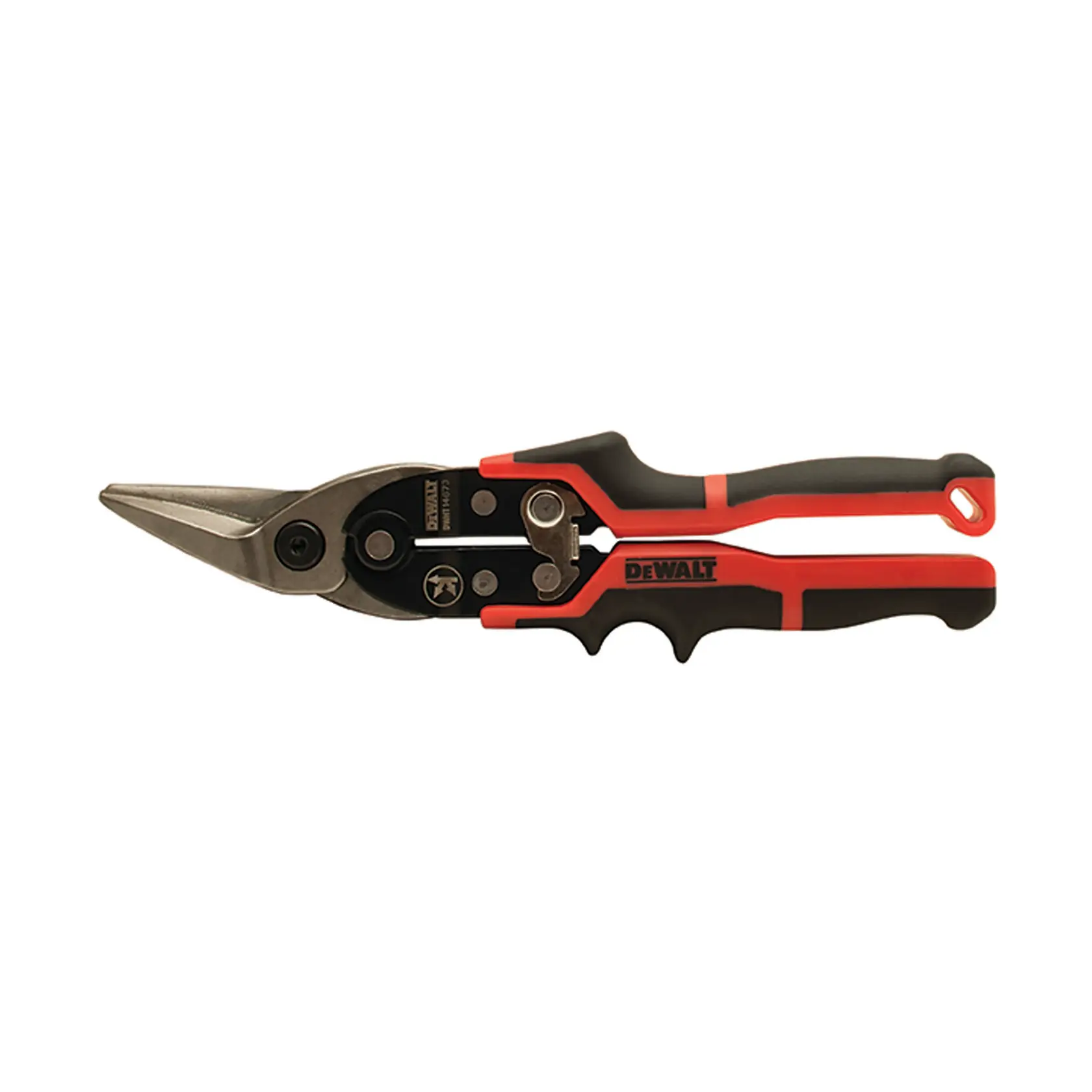 DEWALT metal cutting aviation snips with ergonomic black and red handles and angled cutting blades, shown on a white background.