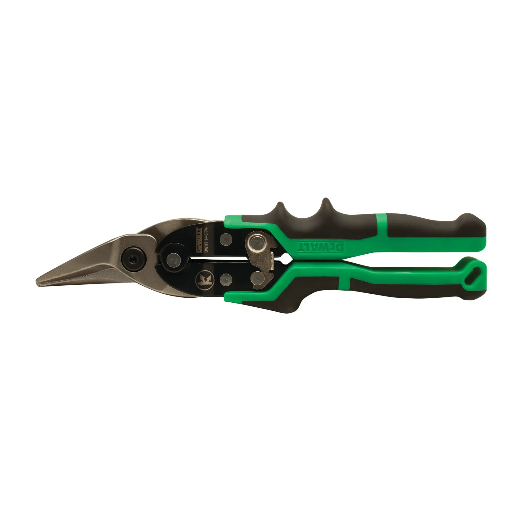 Green and black aviation snips with ergonomic handle and angled cutting blades, DEWALT brand.