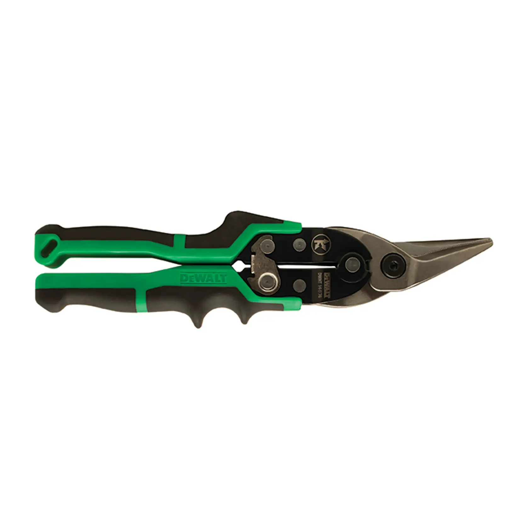 A DEWALT straight-cut aviation snip with a black and green ergonomic handle and a stainless steel blade, shown against a white background.