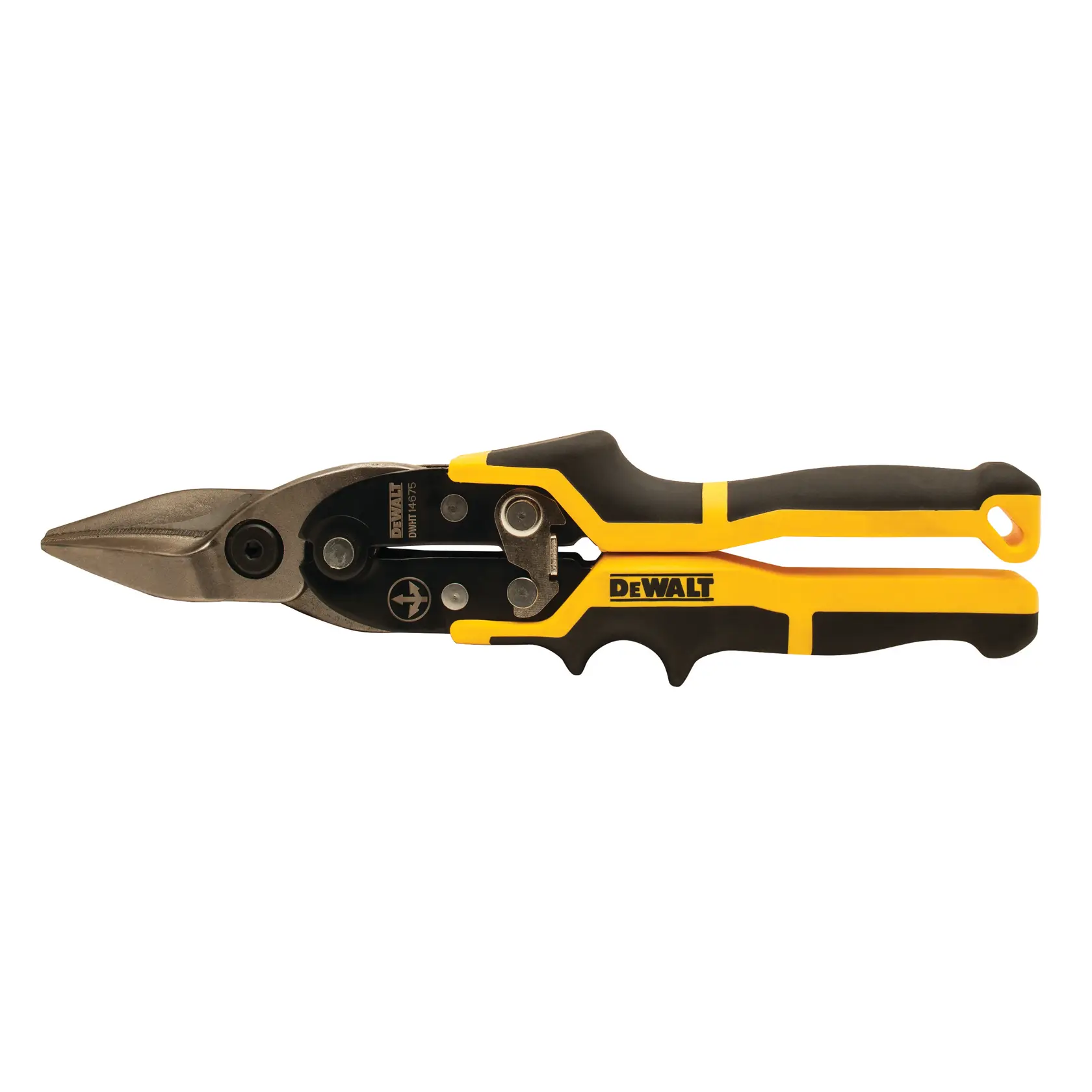 DEWALT metal snips with yellow and black handles for cutting sheet metal and similar materials.