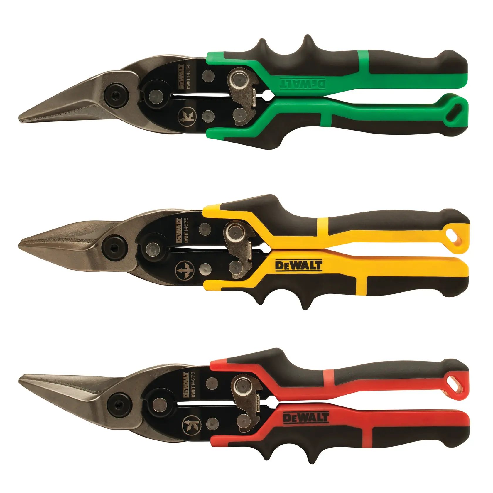 Three DEWALT aviation snips with green, yellow, and red handles, arranged horizontally, used for cutting sheet metal.