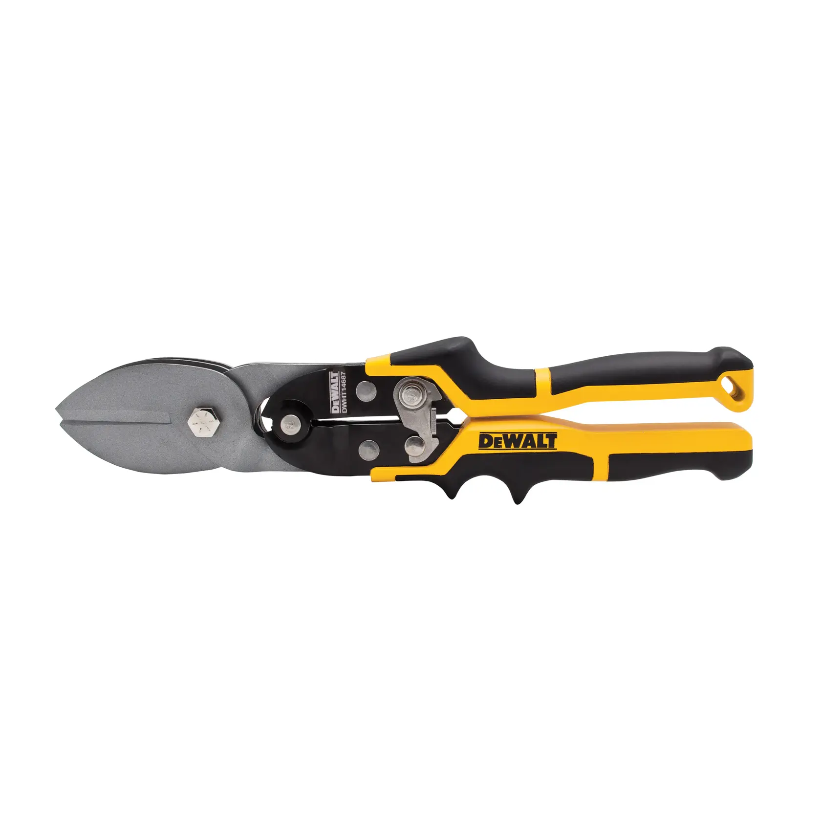 DEWALT metal cutting snips with yellow and black ergonomic handle, shown against a white background.