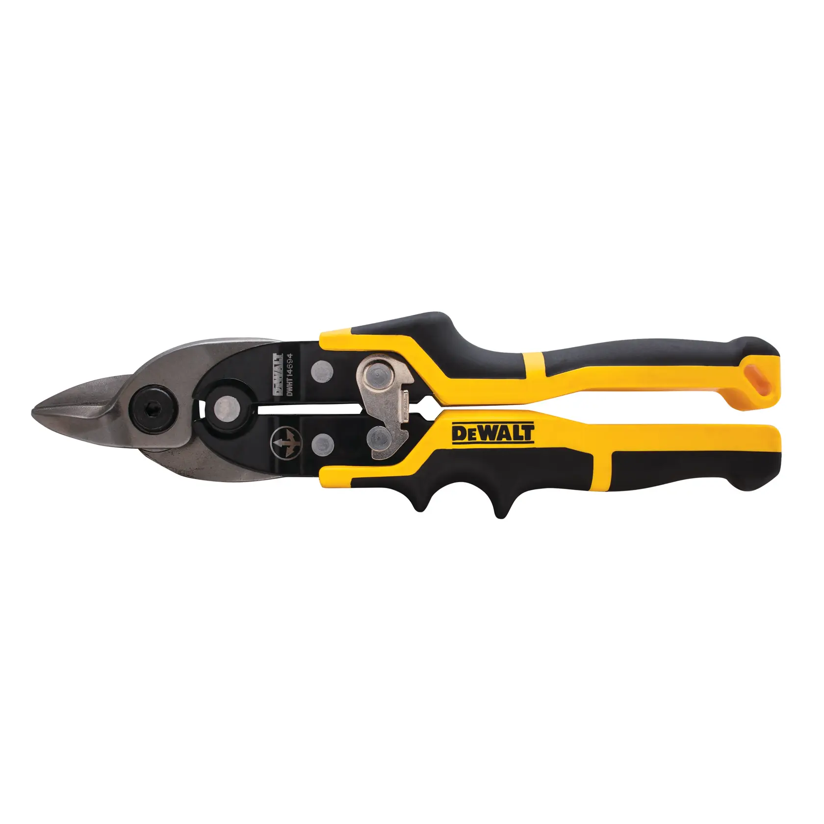 A DEWALT straight cut aviation snip with black and yellow ergonomic handles and a metal cutting blade.