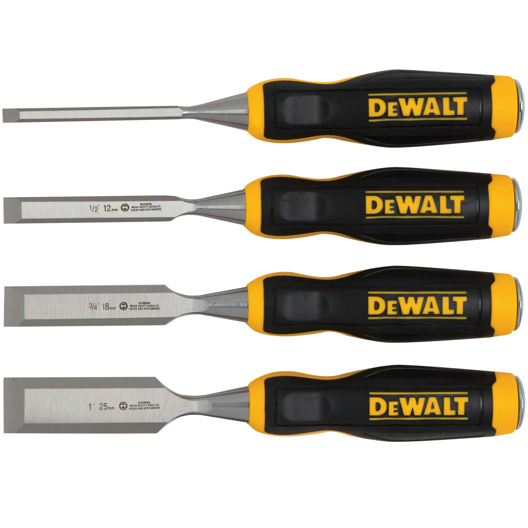 Four DEWALT chisels with black and yellow handles are shown arranged horizontally. The chisels have different blade widths, ranging from narrow to wide.