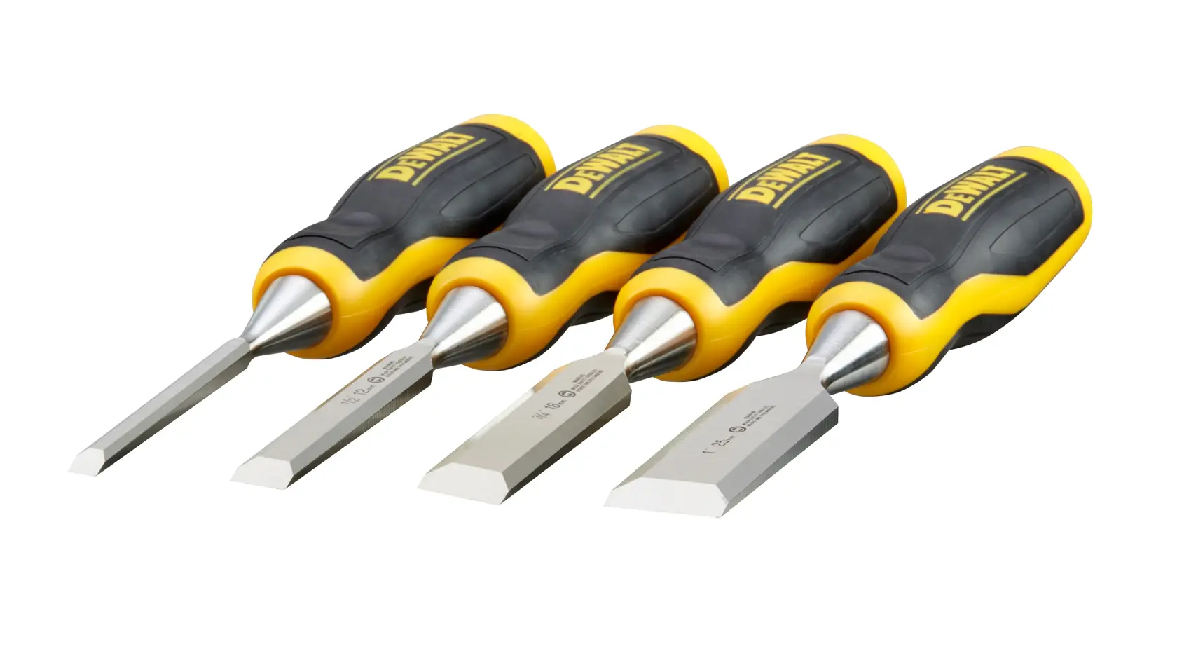 A set of four DEWALT woodworking chisels with black and yellow handles, arranged in a row on a white background.
