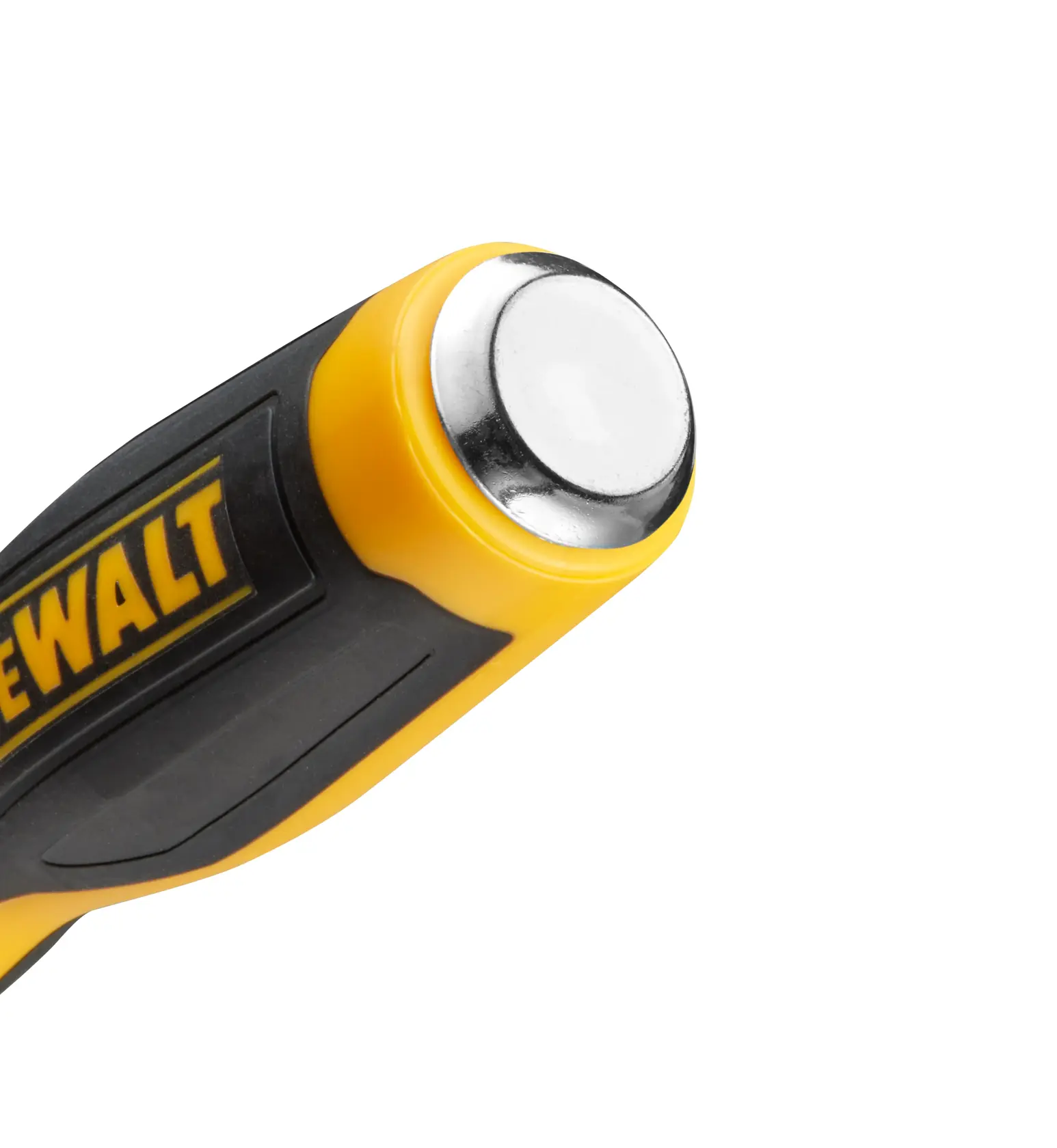 Close-up of a DEWALT tool handle with a yellow and black grip and a metal striking end.