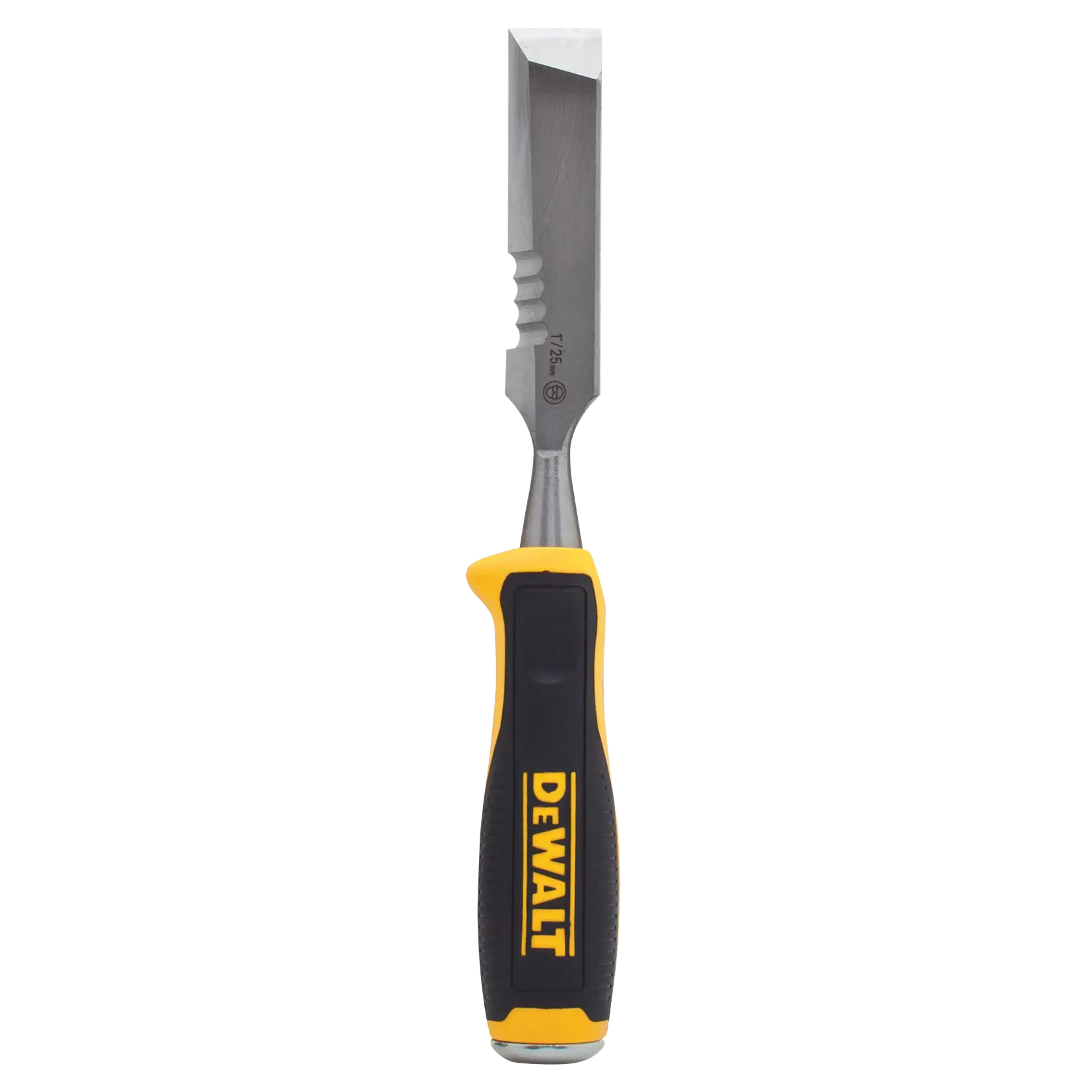 DEWALT wood chisel with black and yellow grip handle, sharp metal blade, shown upright on a white background.