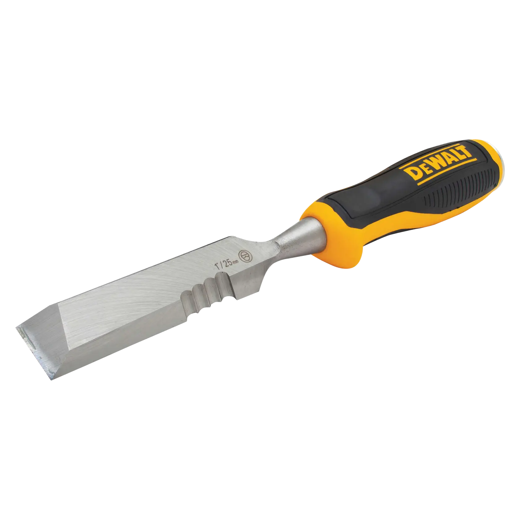 DEWALT woodworking chisel with a yellow and black ergonomic handle and steel blade.