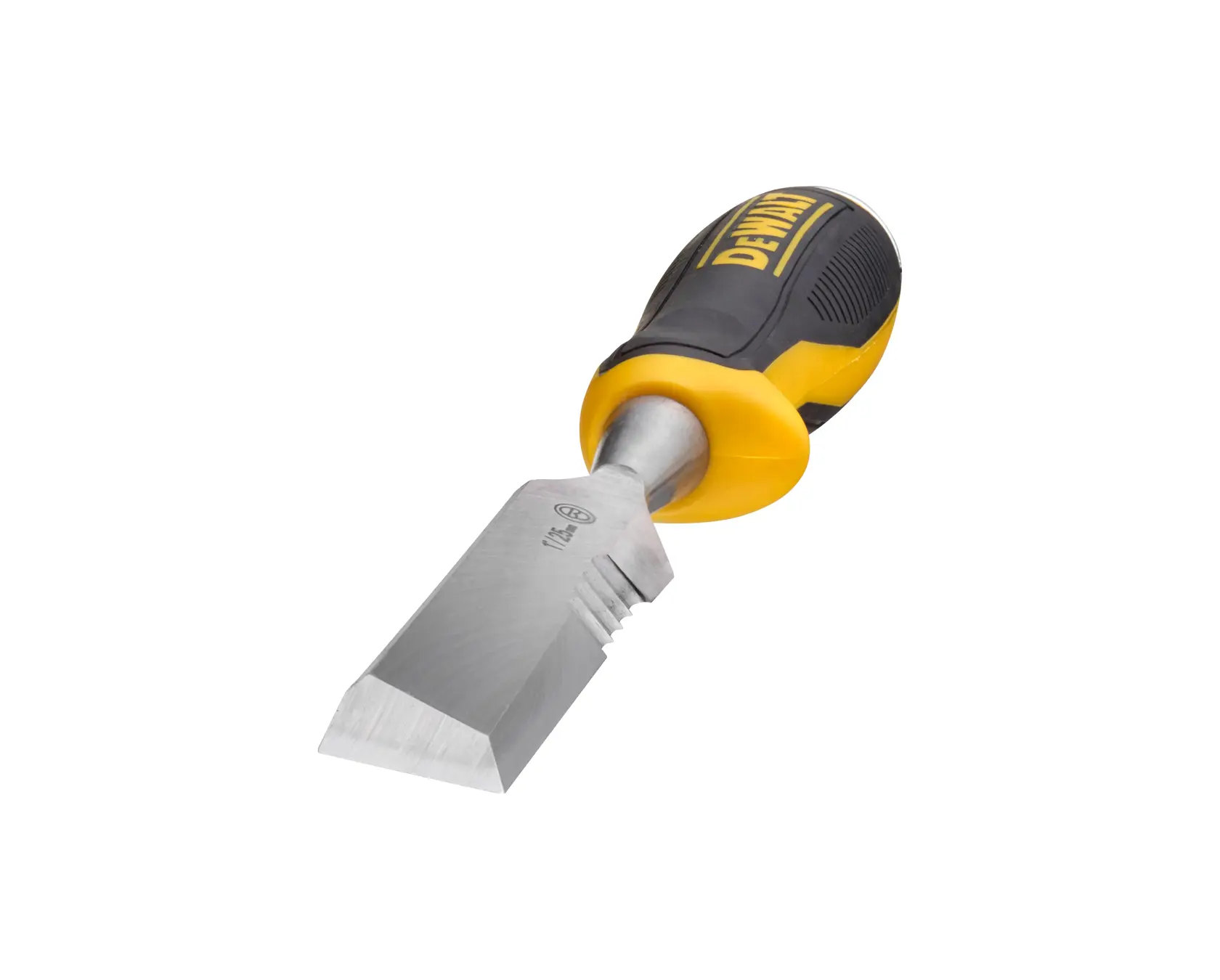 Close-up of a DEWALT tool handle with a curved bi-material design, featuring a black and yellow grip. Text highlights its comfort and protection.