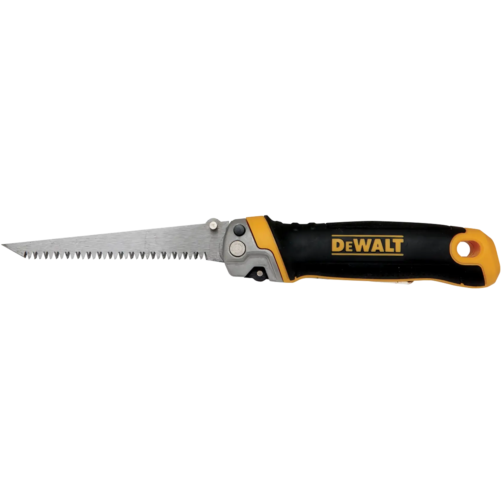 A DEWALT folding hand saw with a black and yellow handle and a serrated metal blade, designed for woodworking and cutting tasks.
