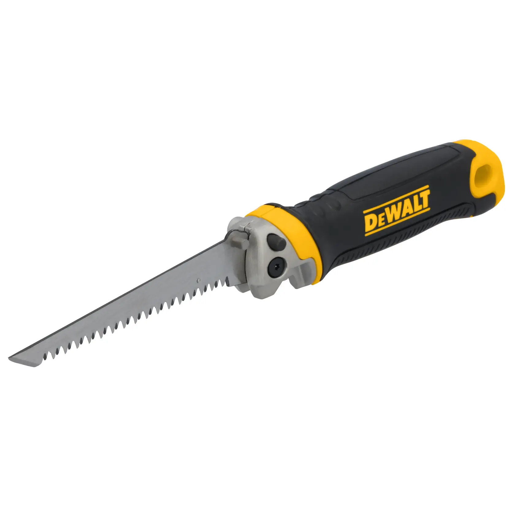 A DEWALT folding saw with a black and yellow handle and a serrated metal blade.