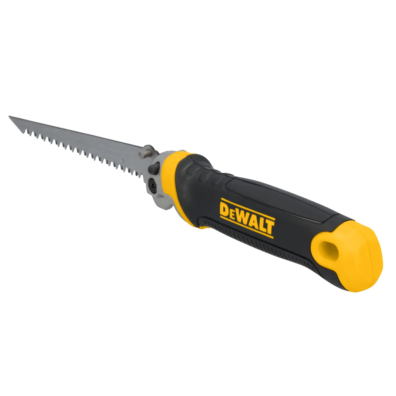 A DEWALT hand saw with a black and yellow ergonomic handle and a sharp, serrated metal blade. The handle features the DEWALT logo.