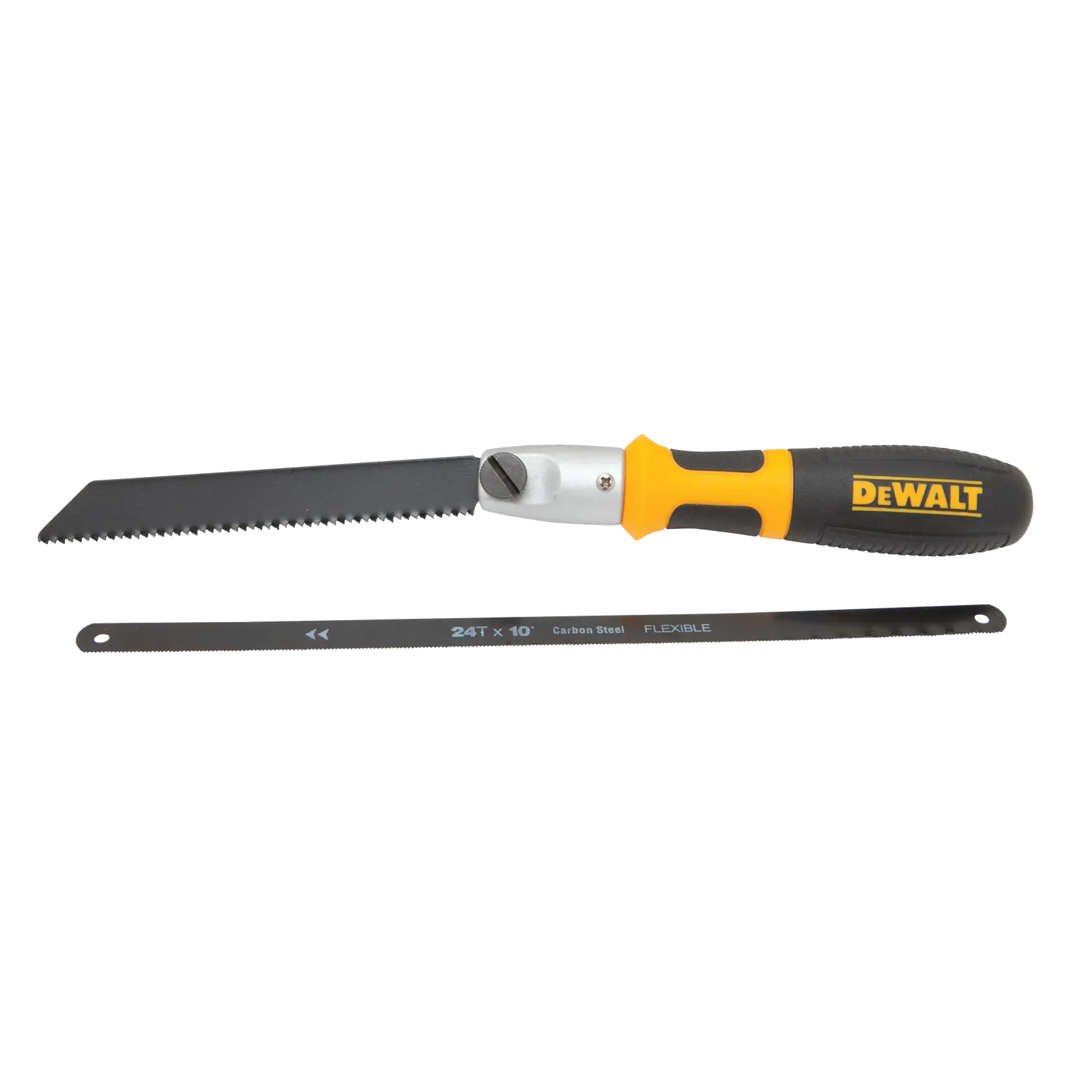 A DEWALT hand saw with a black and yellow handle and interchangeable blades, including a toothed saw blade and a flexible carbon steel blade.