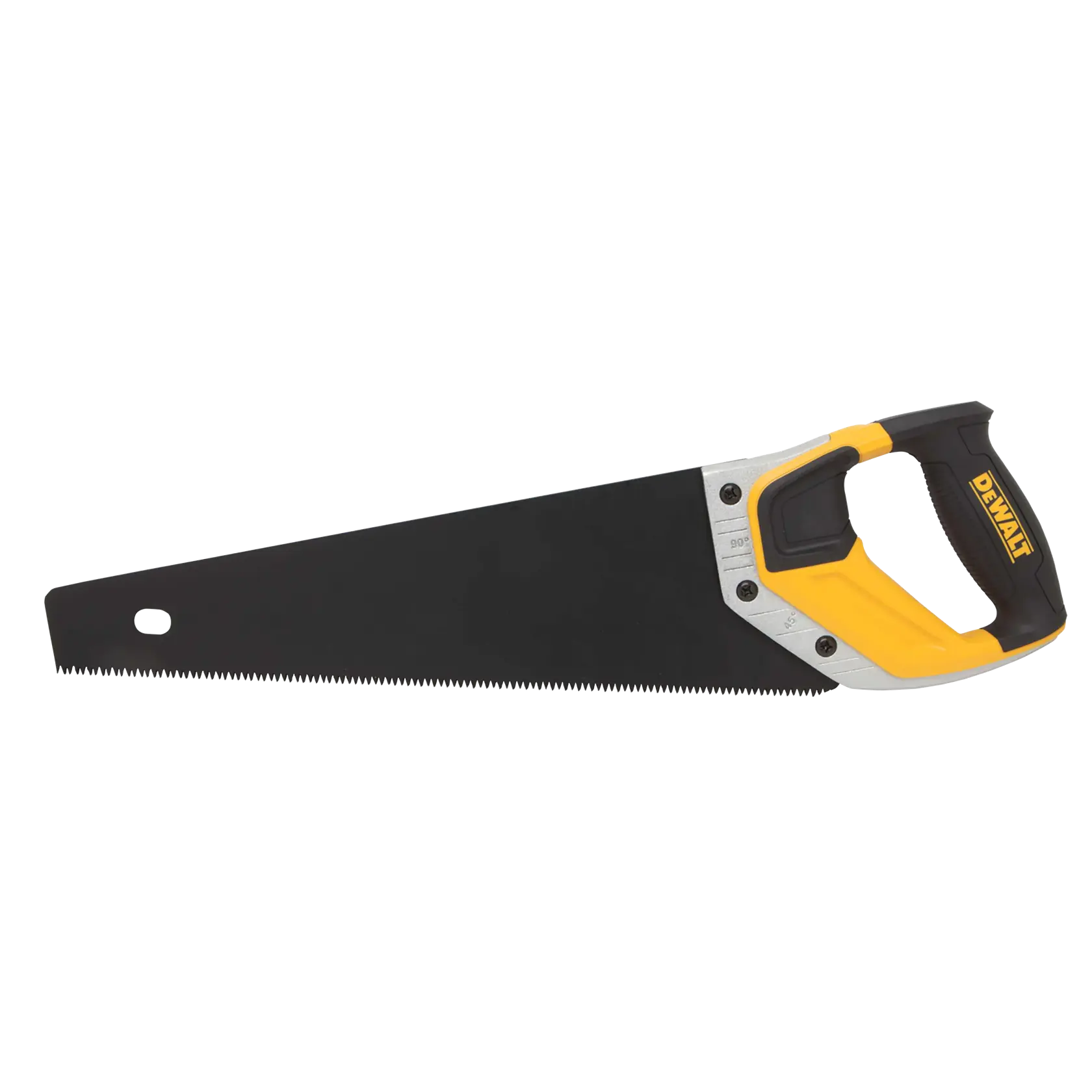 A DEWALT hand saw with a black blade and a yellow and black ergonomic handle, designed for cutting wood.