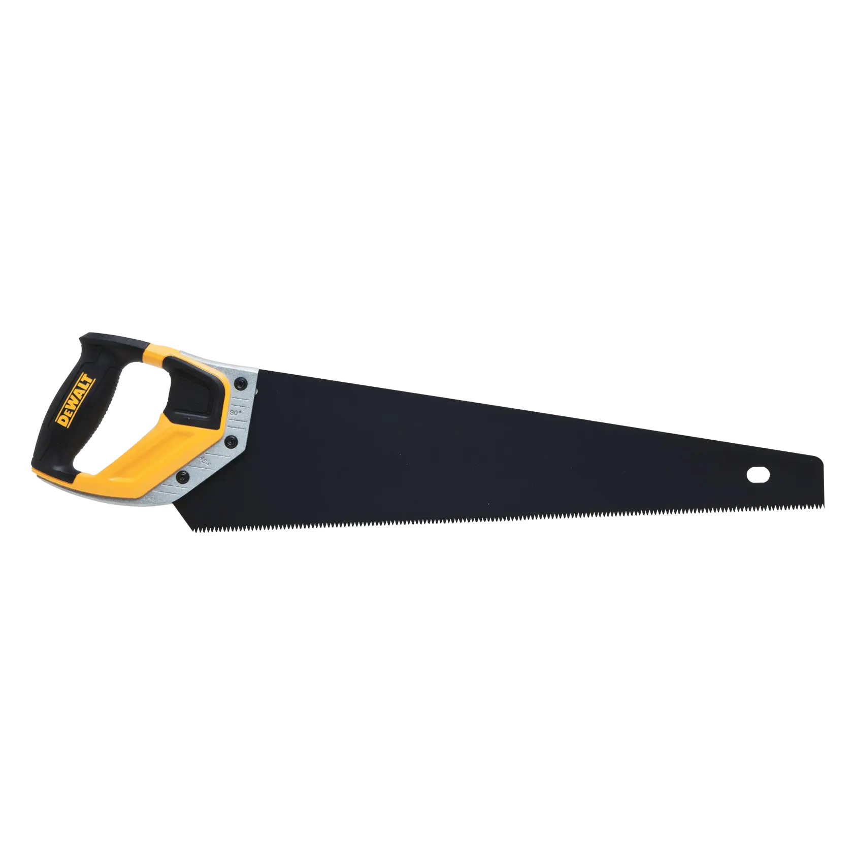 A DEWALT hand saw with a black blade and yellow-black handle designed for cutting wood materials.
