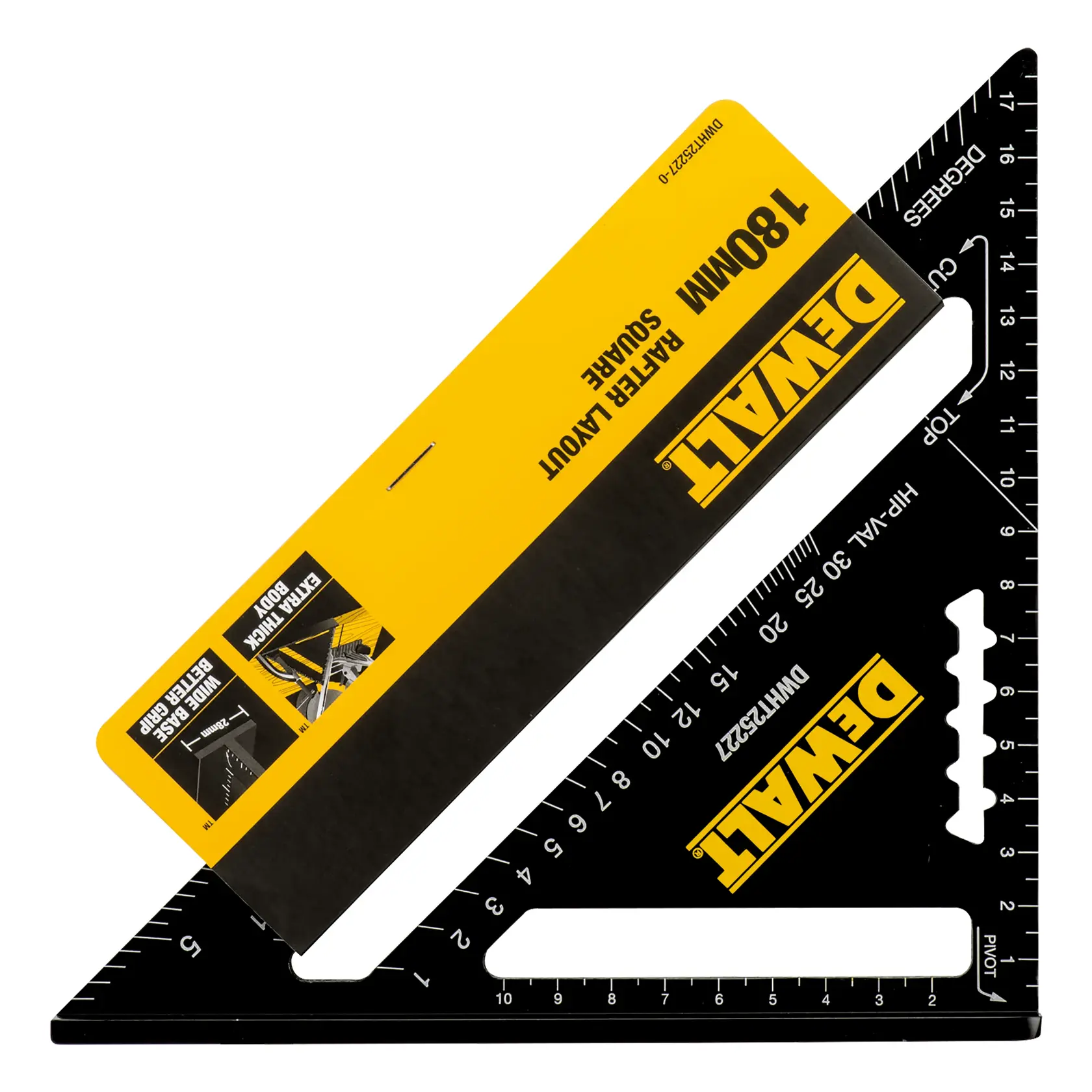 A DEWALT 180mm rafter layout square with a black body and yellow branding, labeled DWHT25227-0. The tool features measurement markings and degree indicators for carpentry use.