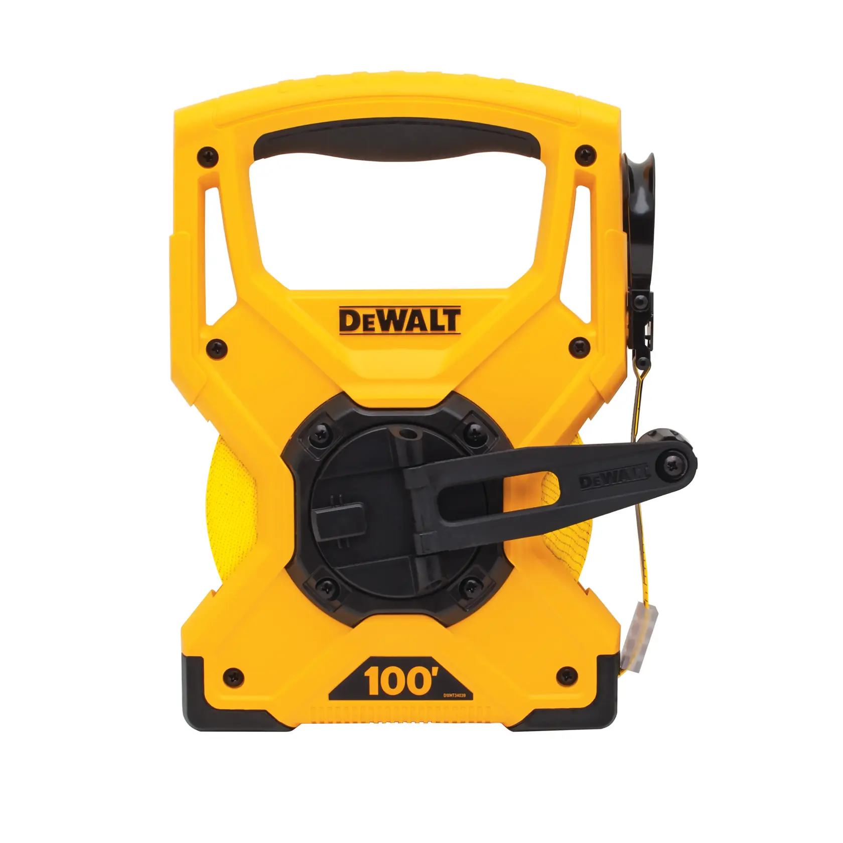 DEWALT 100-foot open reel yellow tape measure with handle and crank, designed for long-distance measuring.