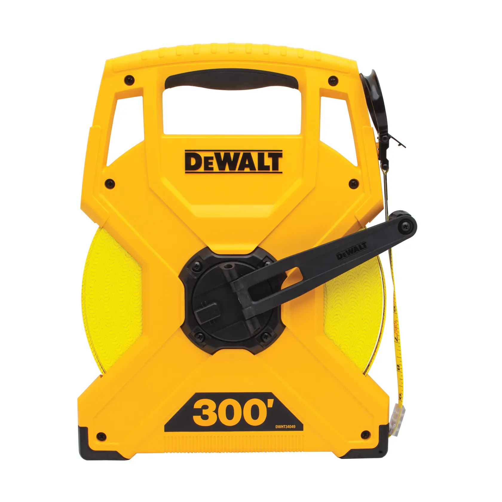 A yellow DEWALT 300-foot open reel measuring tape with a black handle and crank.