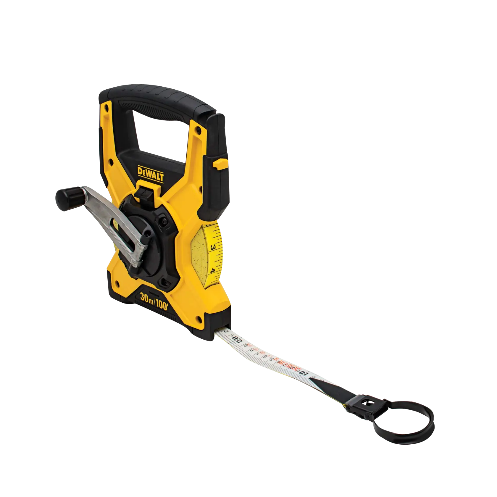 A DEWALT 30 meter/100 foot open reel long measuring tape with a crank handle and durable yellow and black casing. The tape features measurement markings and a loop at the end for easy anchoring.