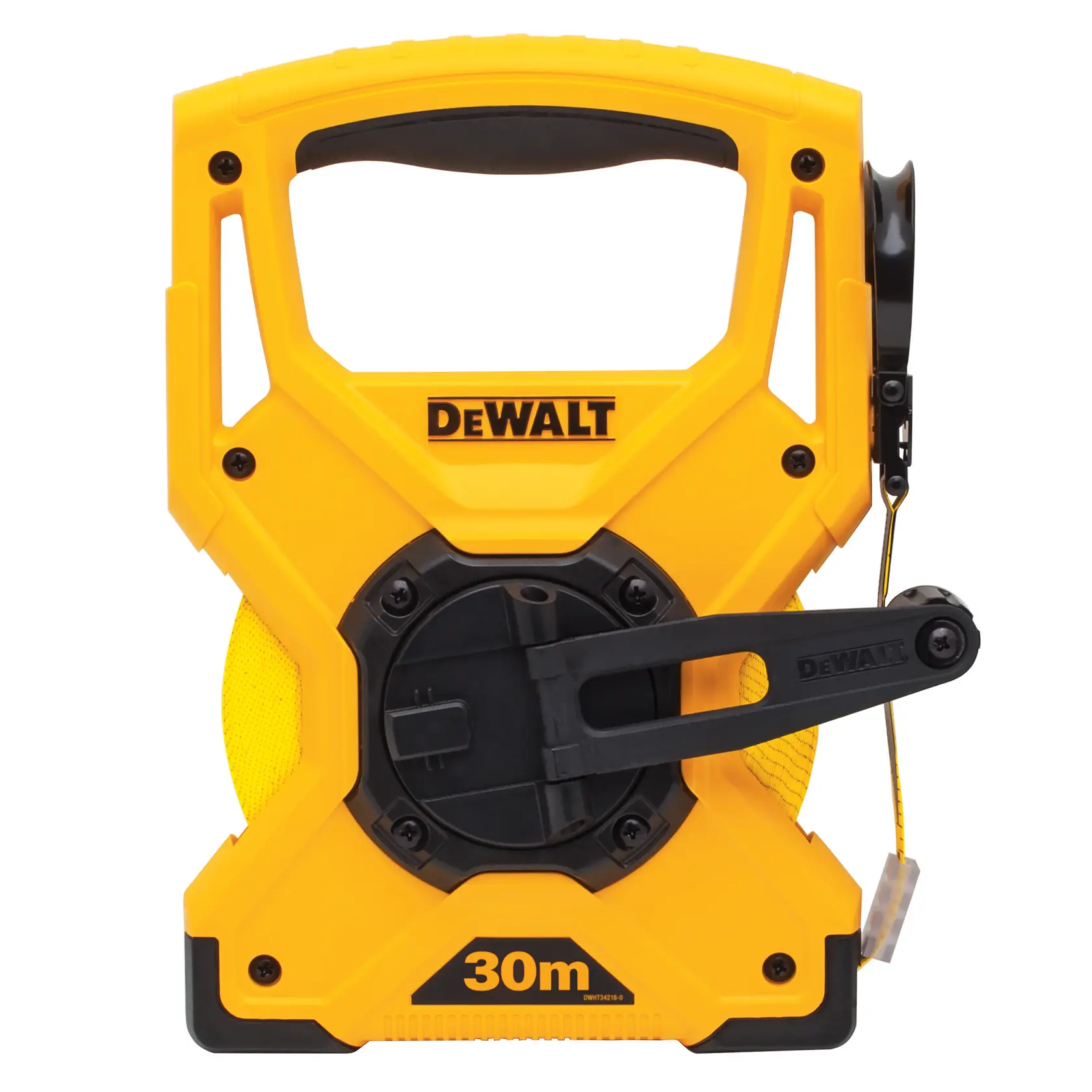Yellow DEWALT 30m measuring tape reel with handle and crank for outdoor or construction use.
