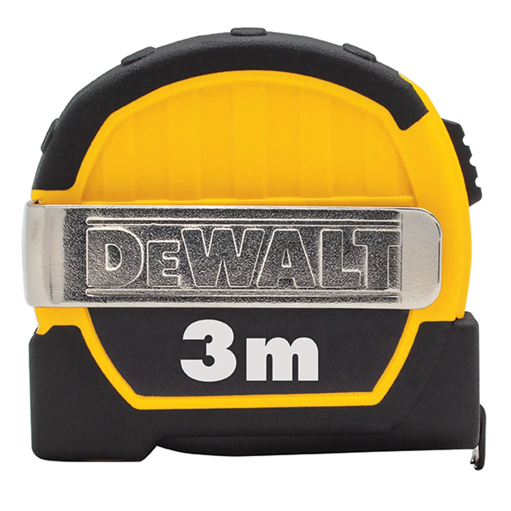 A close-up image of a DEWALT branded tape measure with a black and yellow casing. The tape measure displays '3m' on the front, indicating a 3 meter length.