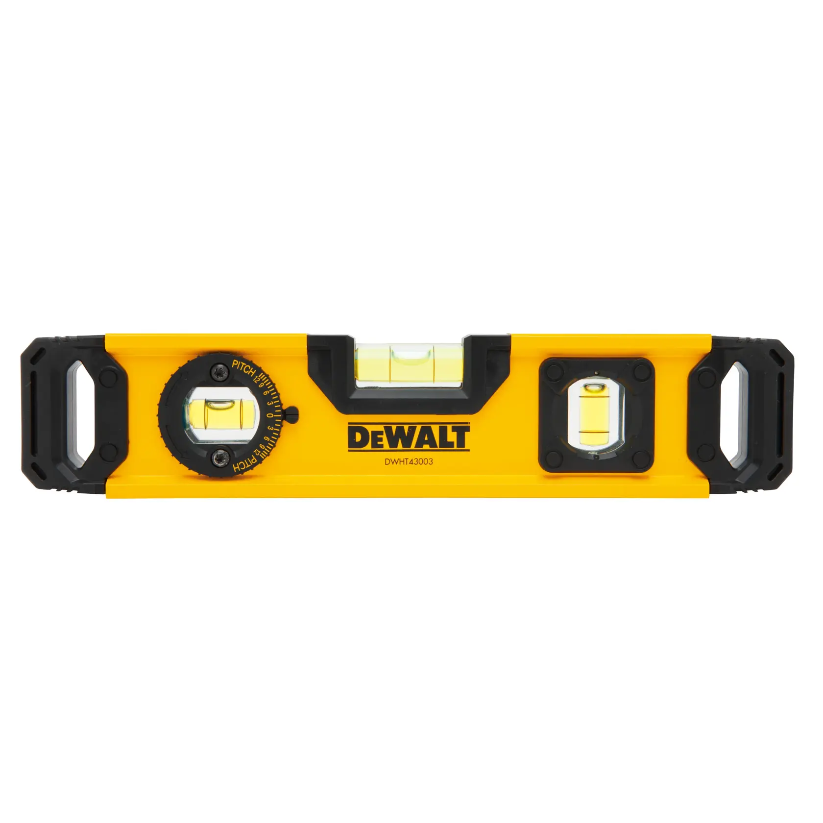A DEWALT DWHT43003 yellow and black spirit level with three bubble vials and a pitch angle adjustment dial, designed for construction and leveling tasks.