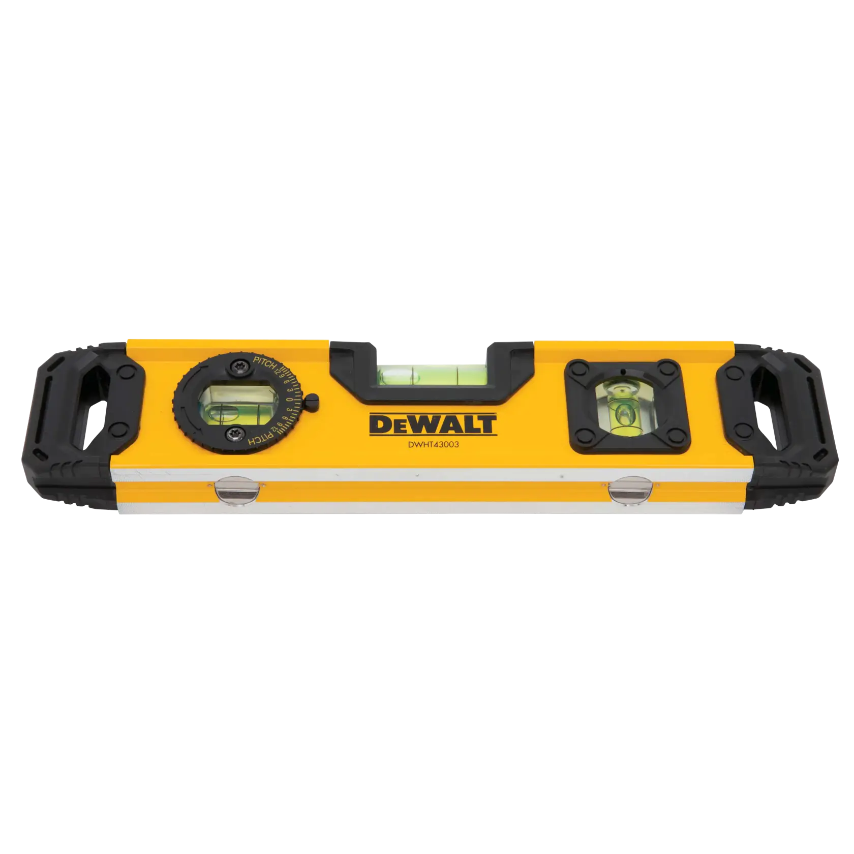 A DEWALT DWHT43003 yellow and black box level tool with three bubble vials and handles on each end, designed for precise leveling in construction and photography applications.