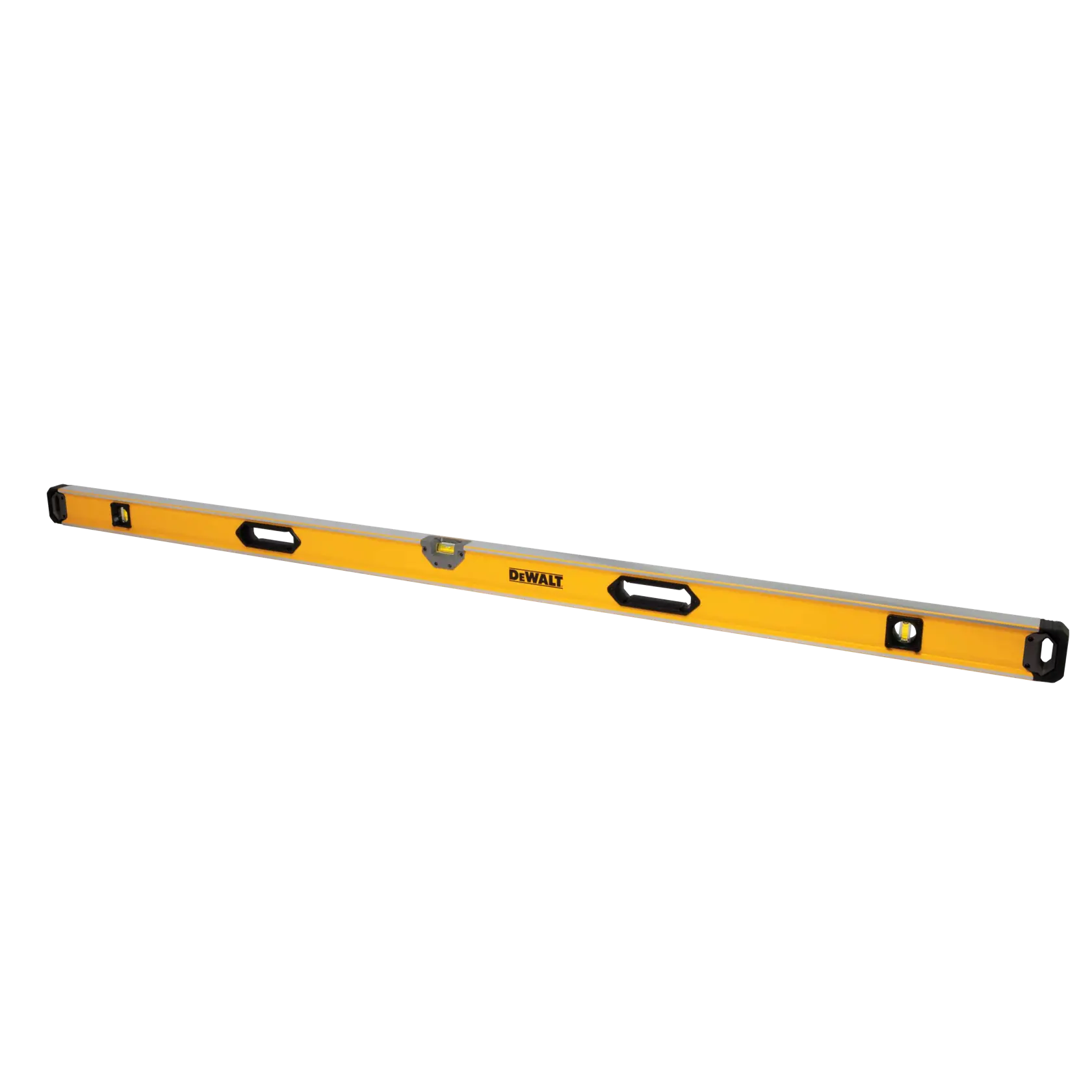 A DEWALT yellow spirit level tool designed for precise leveling and measuring, featuring a sturdy handle and multiple vials embedded along its length.
