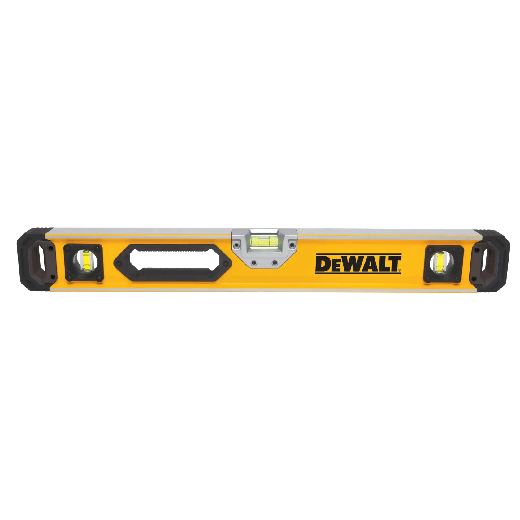 A DEWALT yellow and silver spirit level tool with black end caps and built-in handles, designed for measuring level surfaces.