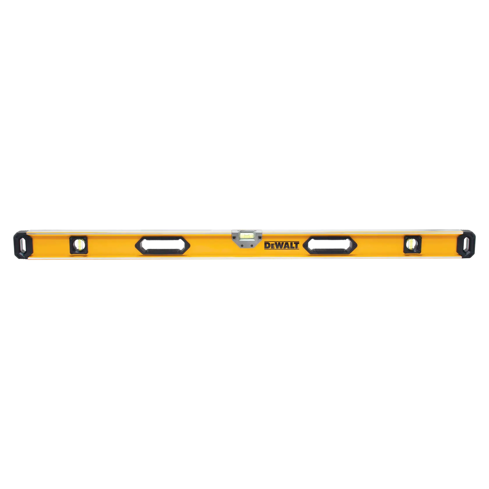 A DEWALT yellow and silver spirit level with black handles, featuring three bubble vials for horizontal and vertical measurements.