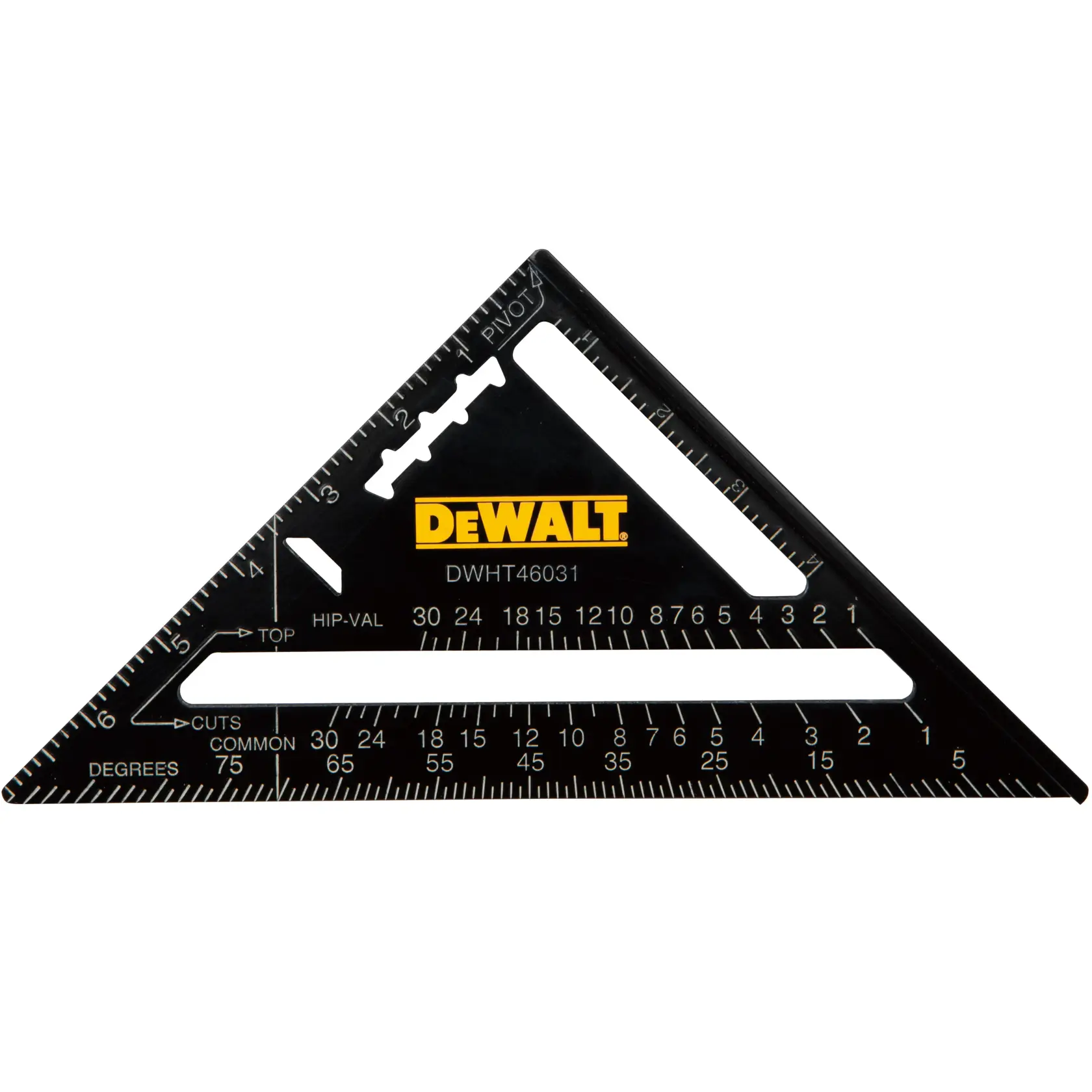 Black DEWALT triangular measuring square with yellow logo, labeled scales and markings for angles and measurements.