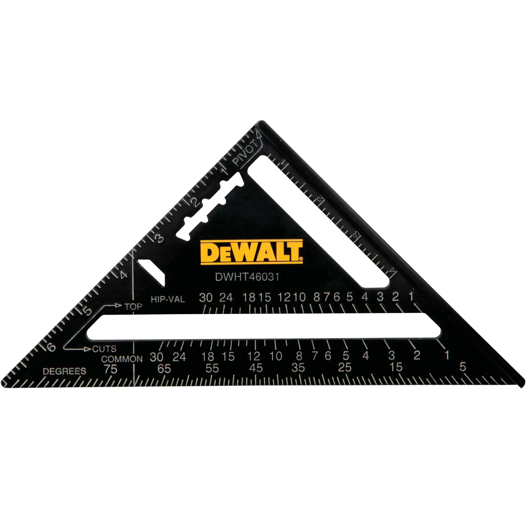 A black DEWALT DWHT46031 rafter square with yellow branding and marked measurement scales, used for woodworking and carpentry.