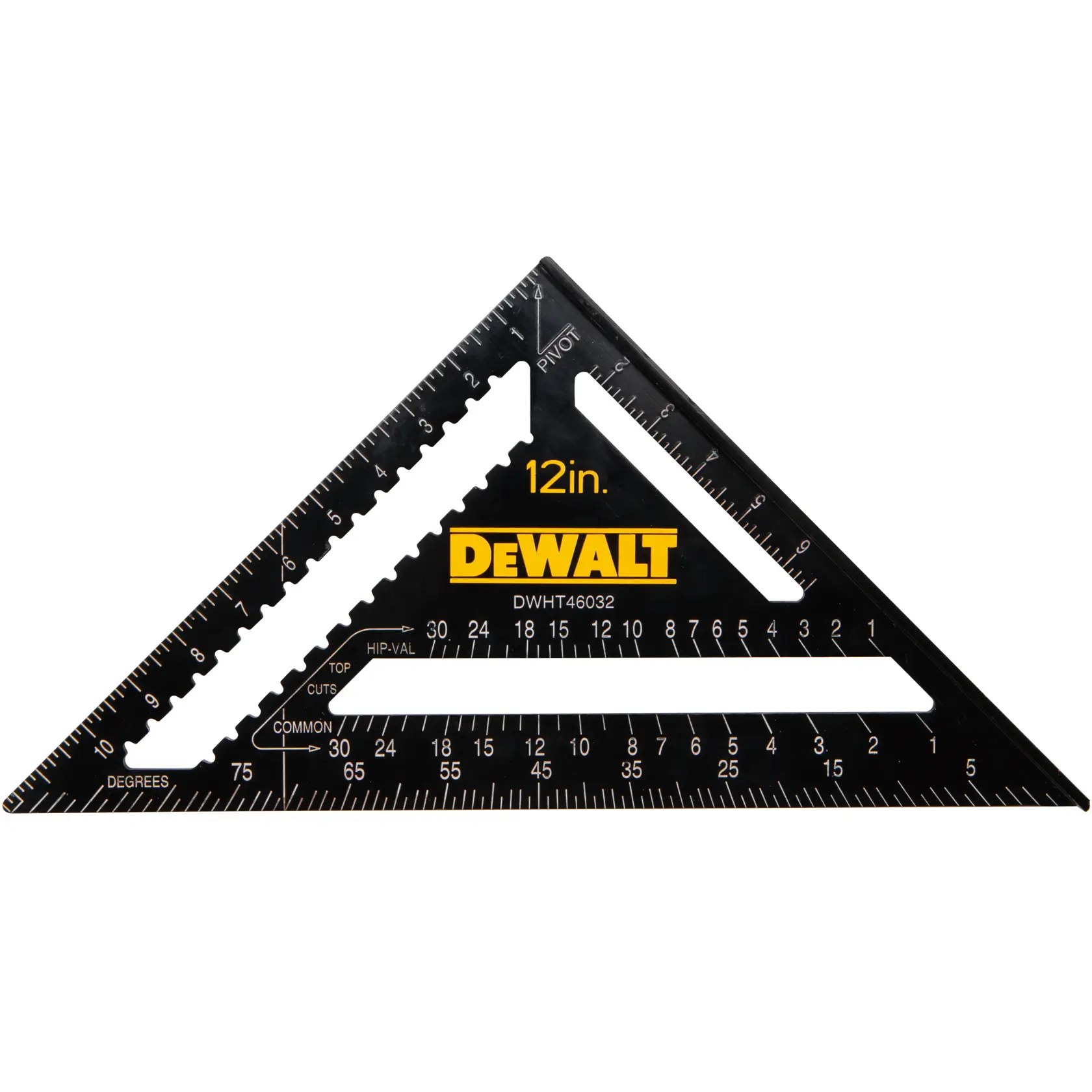 DEWALT DWHT46032-0 12-inch black triangular rafter square with yellow logo and measurement markings.