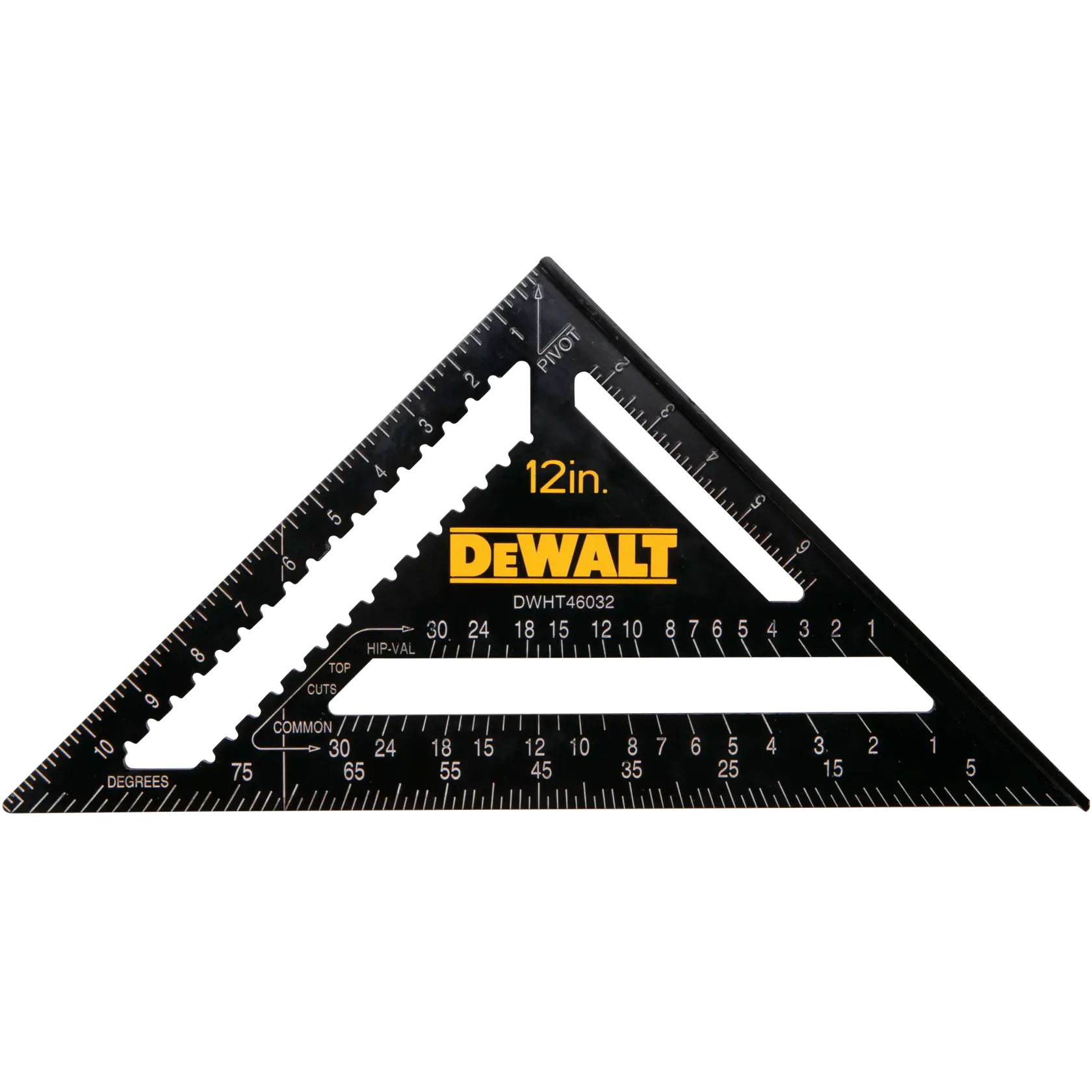 A DEWALT 12-inch black triangular rafter square, model DWHT46032, with various measurement markings and scales in white, designed for carpentry and layout tasks.
