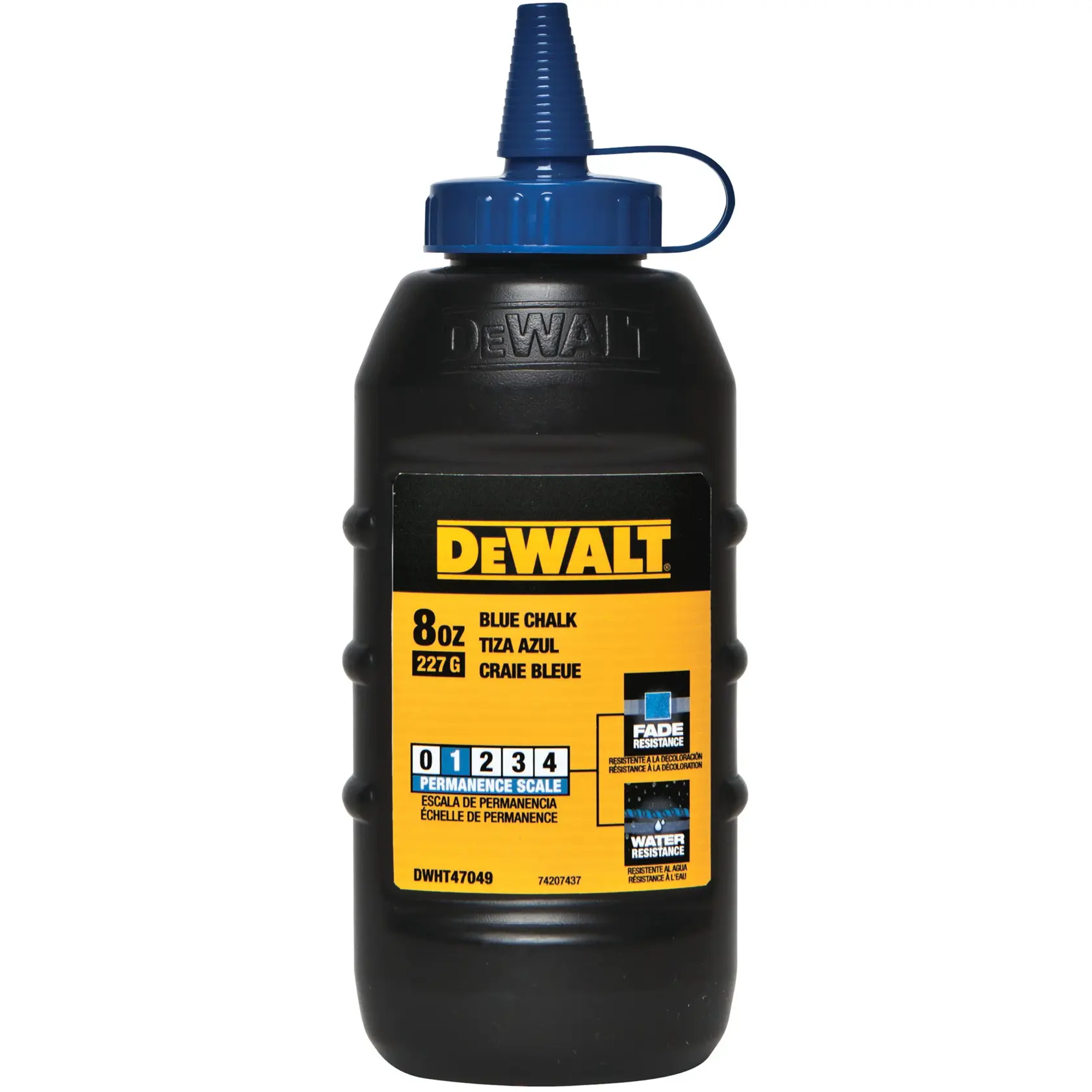 A bottle of DEWALT blue chalk, 8 oz (227 g), featuring a twist cap and yellow label indicating fade and water resistance. Used for marking lines in photography and construction.