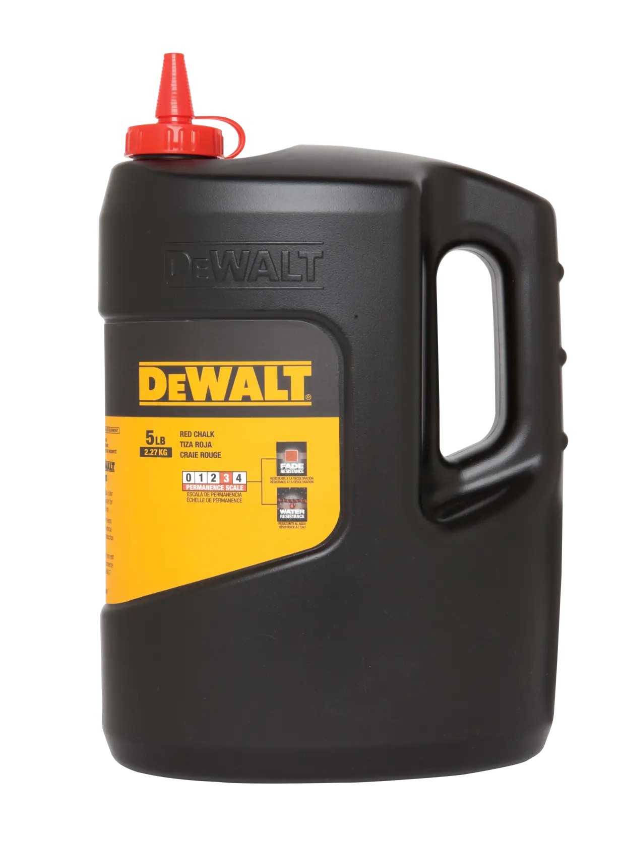 A large black plastic container of DEWALT red chalk with a built-in handle and red cap, labeled for 5 lbs (2.27 kg) of marking chalk for construction or photography use.