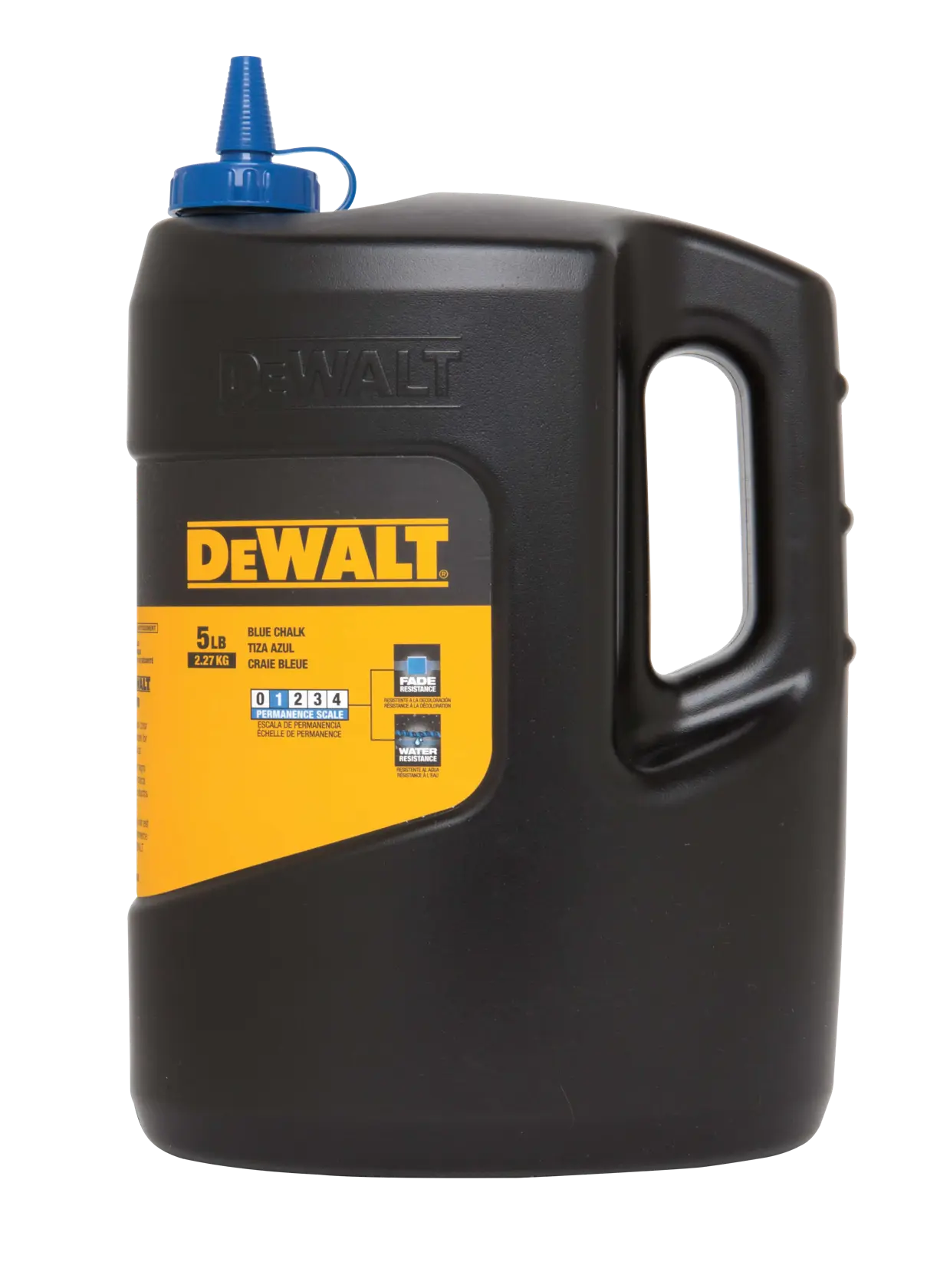 A large black plastic container of DEWALT blue chalk, 5 lbs (2.27 kg), with a blue spout and yellow label, featuring a handle on the side.