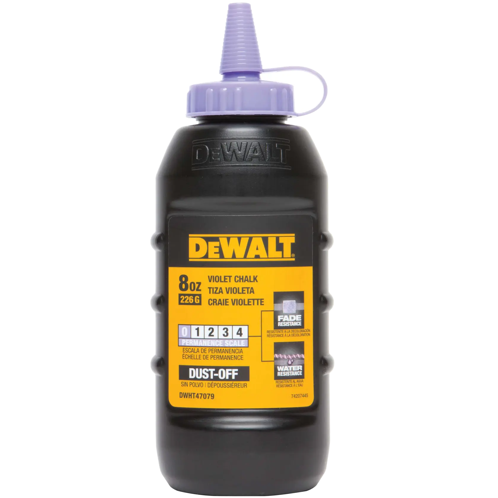 A bottle of DEWALT violet chalk, 8 ounces (226 grams), labeled Dust-Off, used for marking on construction sites. The bottle is black with a purple cap and nozzle, and features fade and water resistance information on the front label.