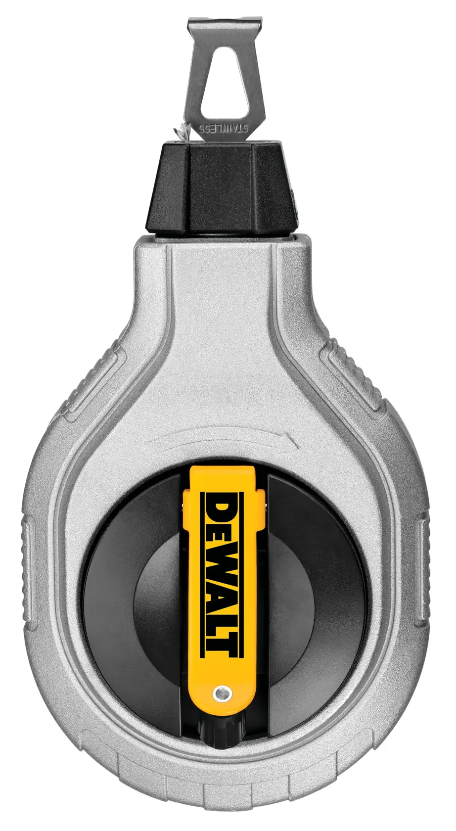 A DEWALT chalk line reel tool with a silver and black body and a yellow lever, shown against a white background.