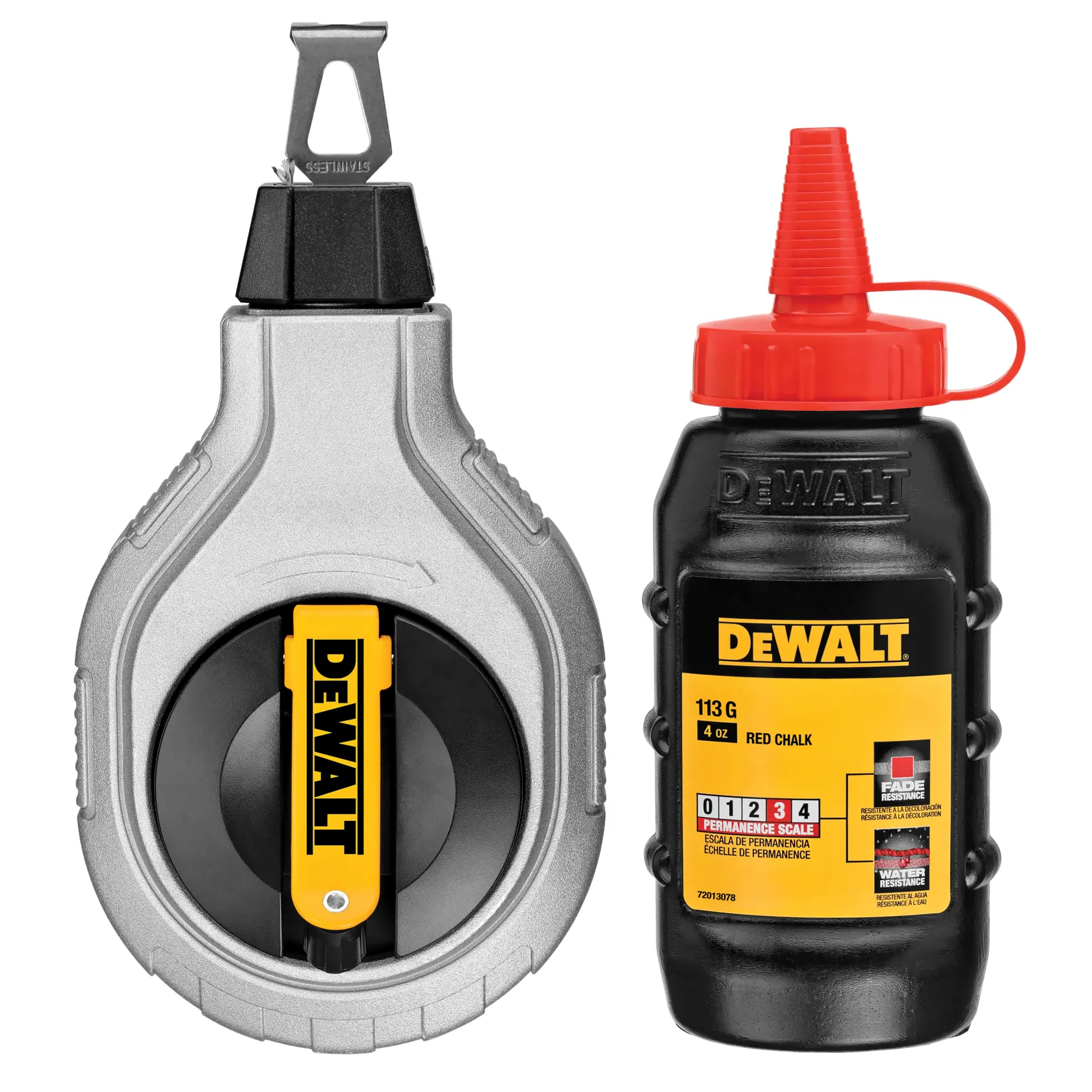 A DEWALT chalk line kit consisting of a silver chalk line reel with a yellow DEWALT branding and a black bottle of red chalk powder with a red nozzle cap. Both items are used for marking straight lines in construction or carpentry.
