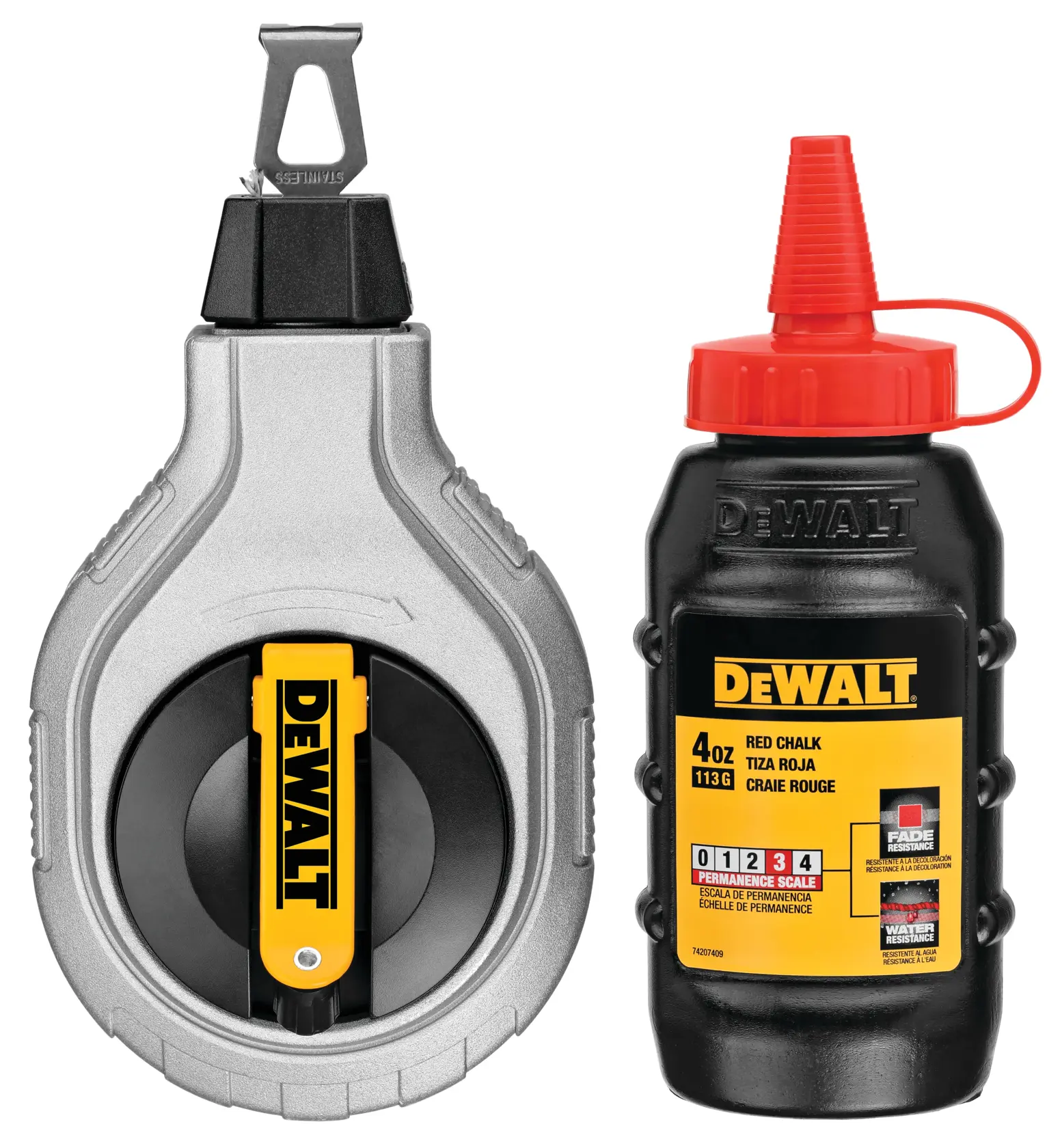 A DEWALT chalk line reel and a container of red chalk. The chalk line reel has a metallic silver and black design with a yellow DEWALT logo, and the red chalk container is black with a red cap and a yellow DEWALT label.