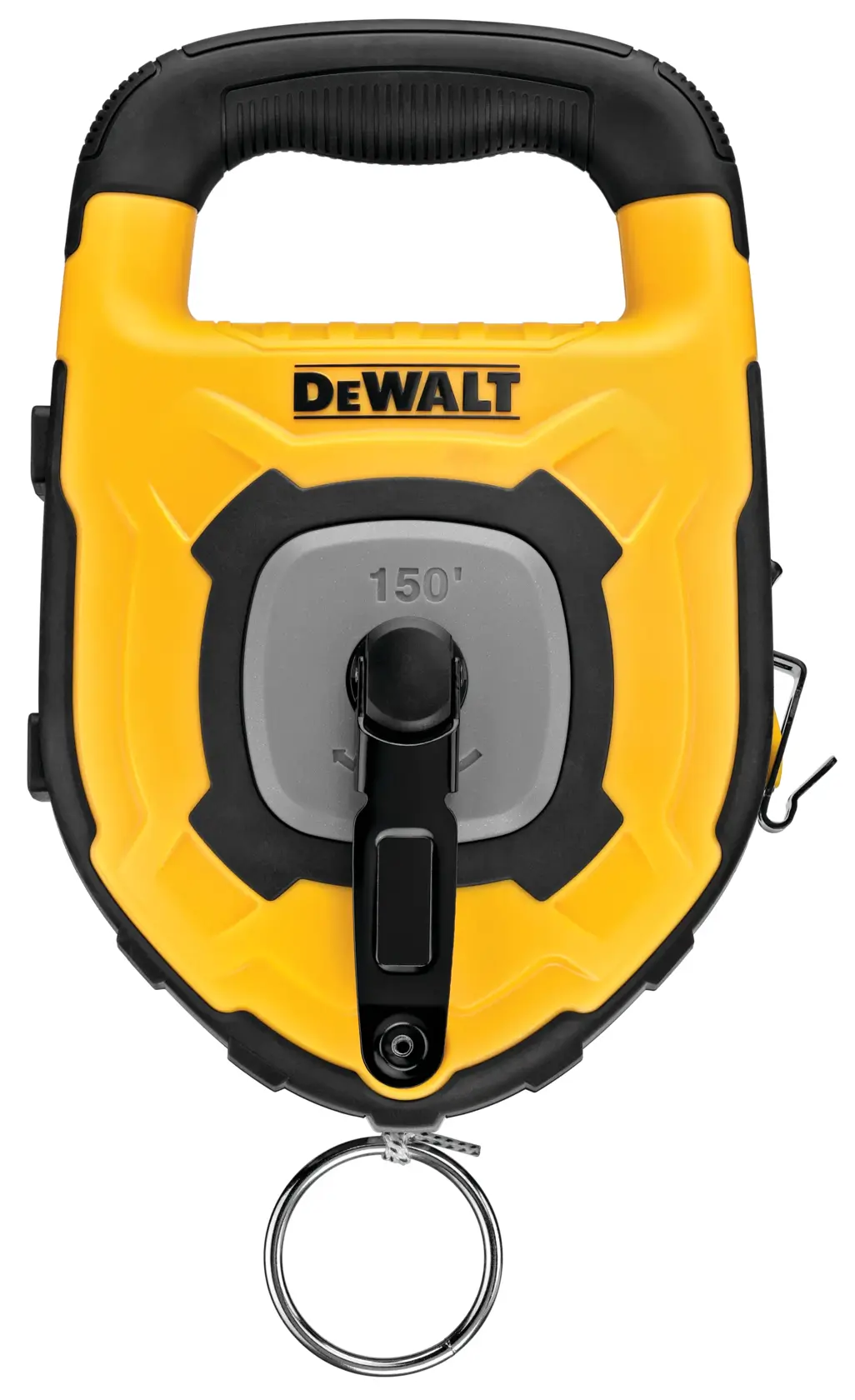 A DEWALT-branded 150-foot yellow and black tape measure with a handle, crank, and metal ring at the bottom.