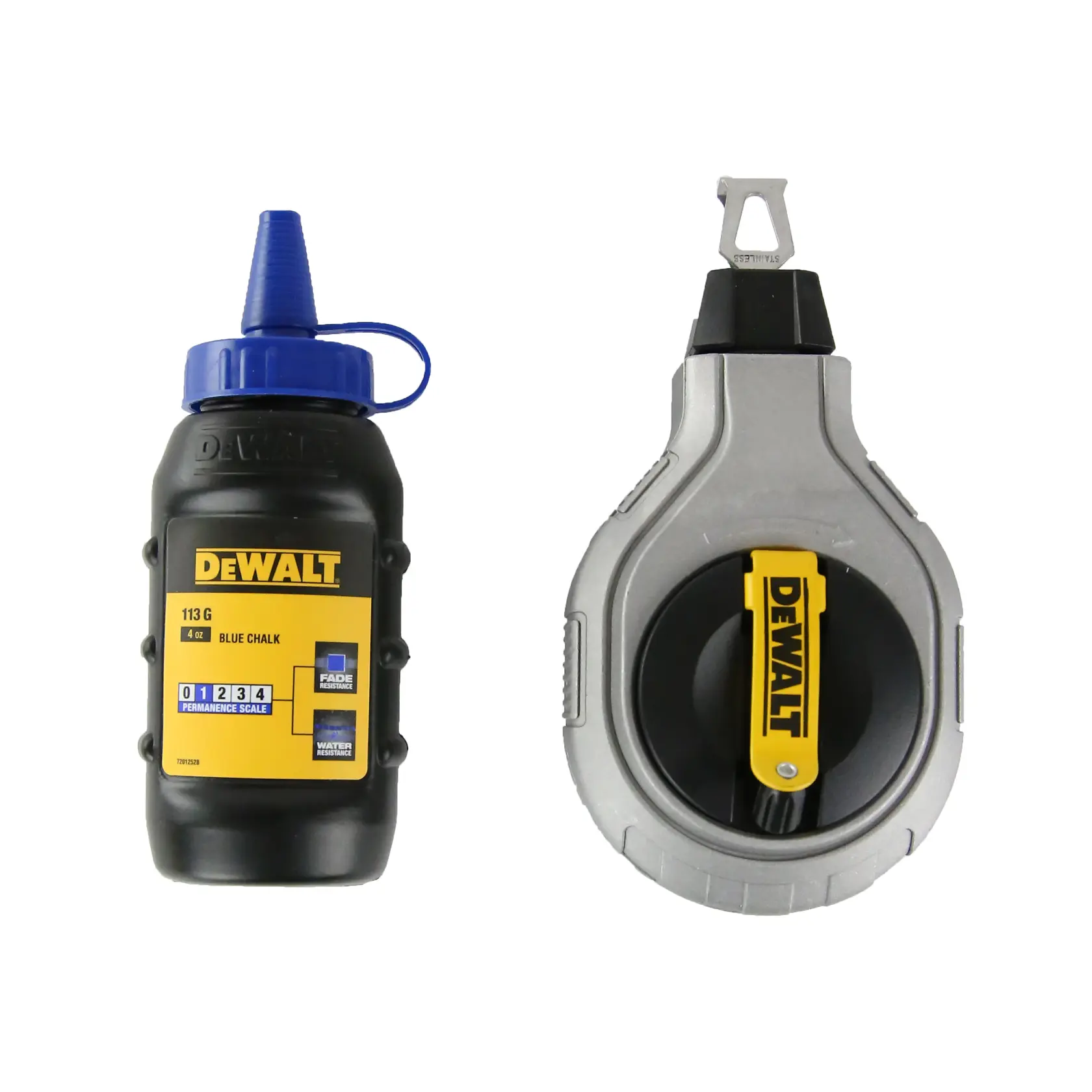 DEWALT chalk line reel and blue chalk bottle set for marking lines during construction or photography projects.