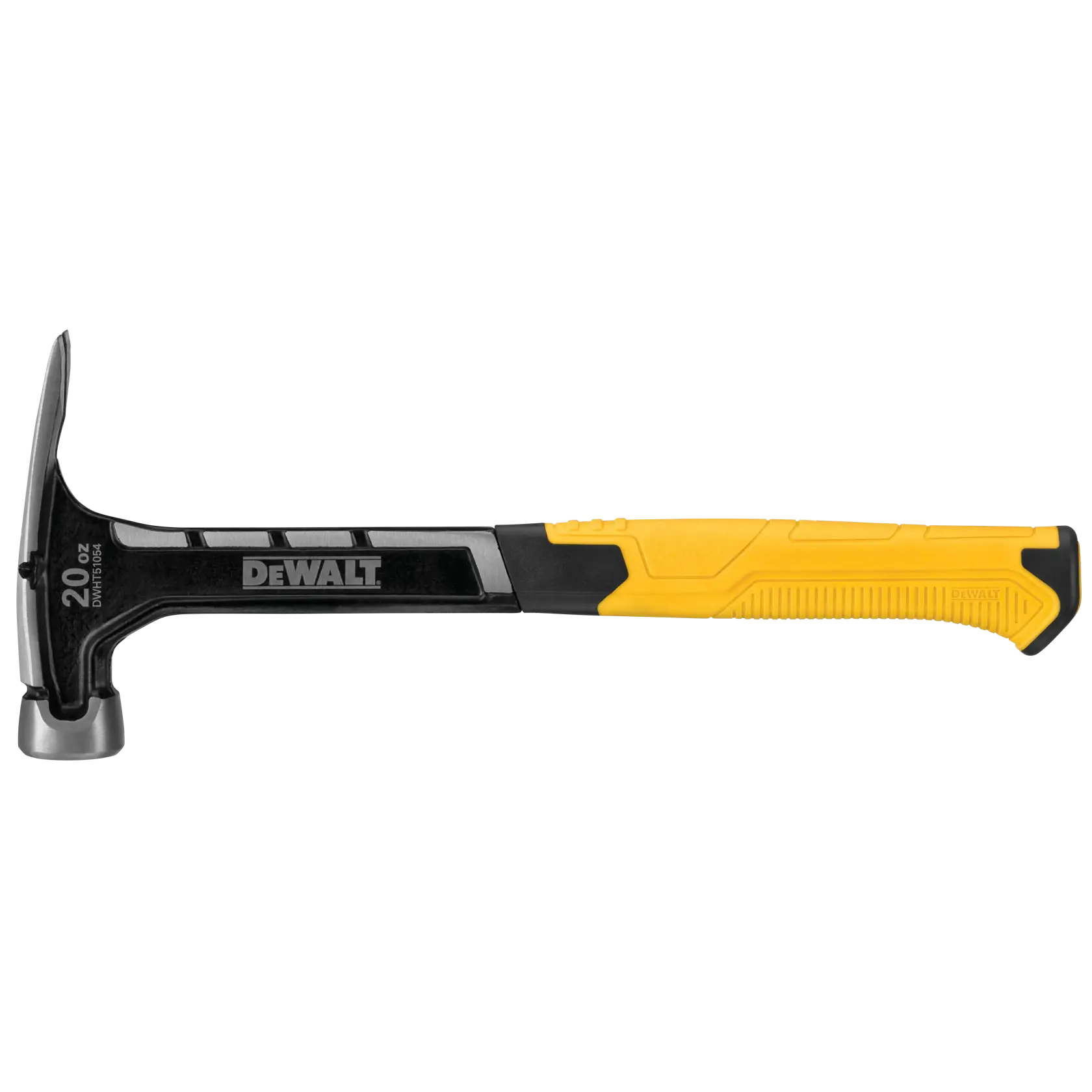 A DEWALT claw hammer with a black and yellow handle, 20 oz weight, shown against a white background.