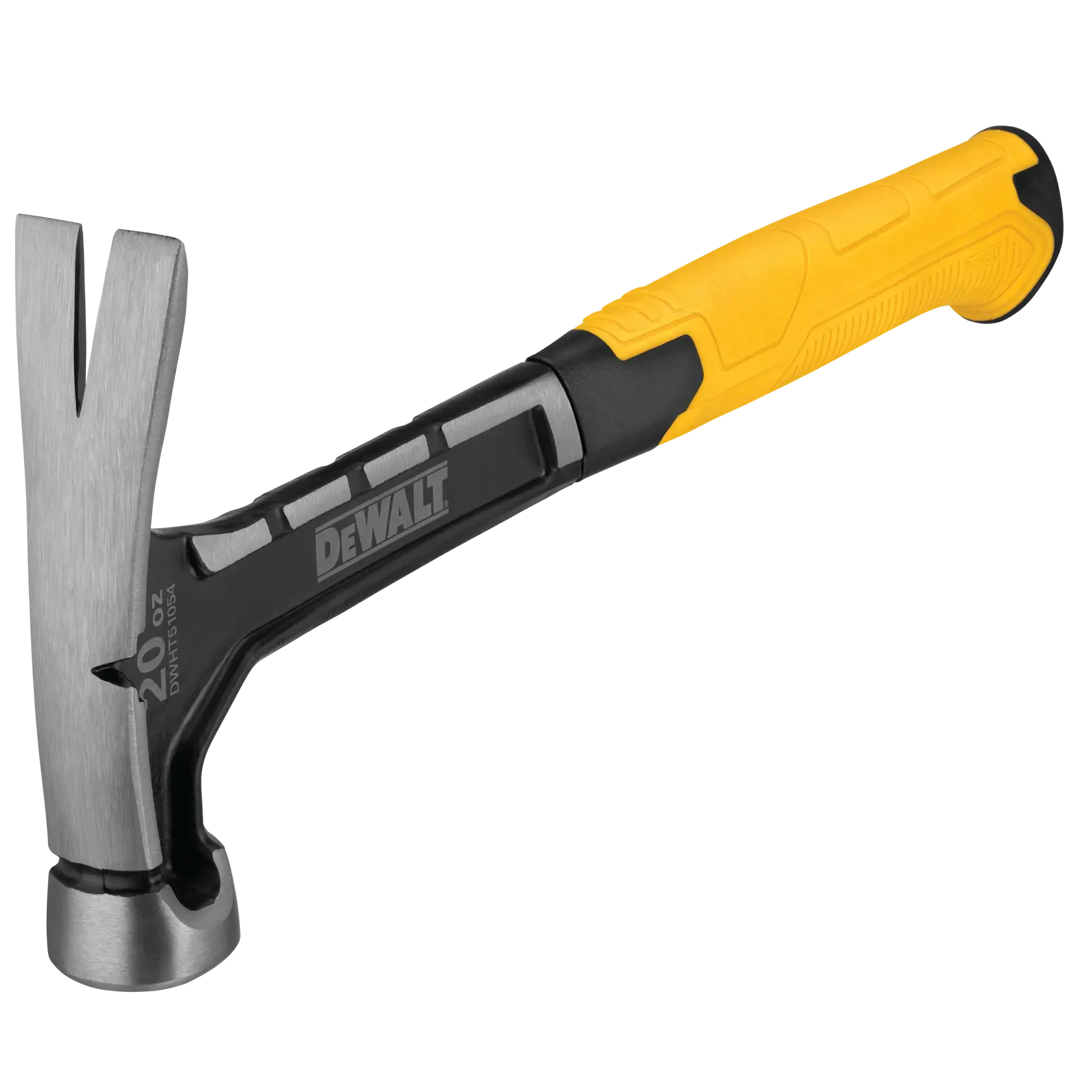 A DEWALT 20 oz claw hammer with a durable metal head and a yellow and black ergonomic handle, shown against a white background.