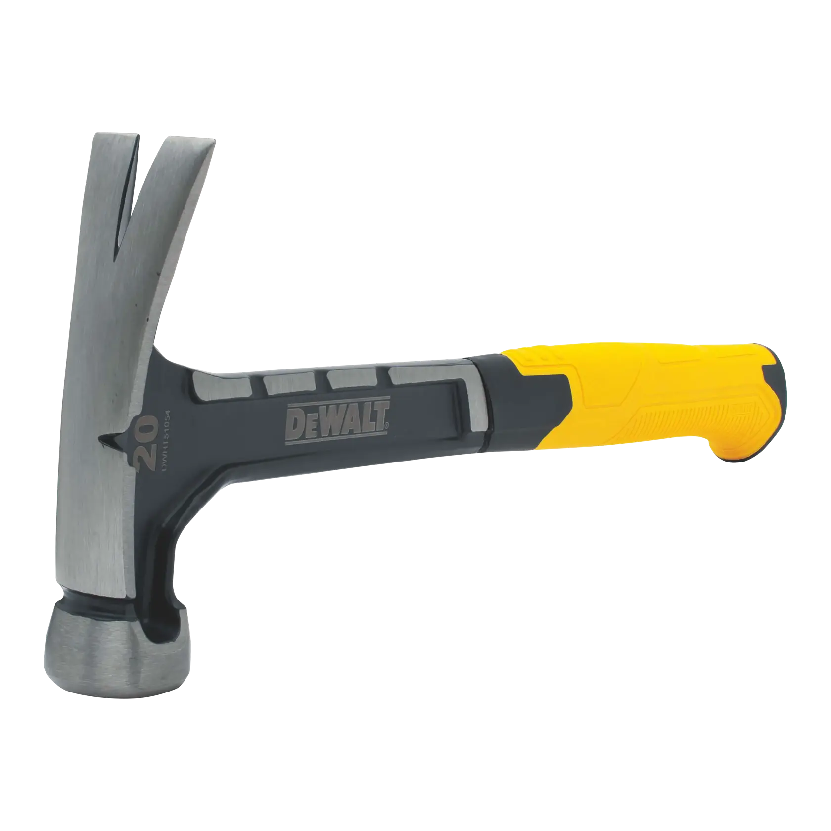 A DEWALT claw hammer with a yellow and black handle and a steel head. The hammer is positioned on a white background.