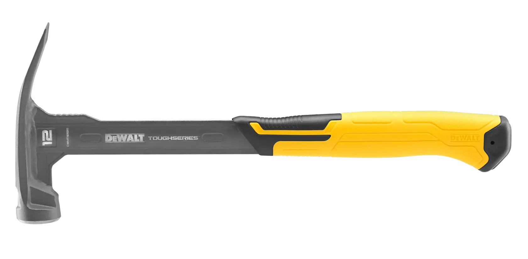 A DEWALT ToughSeries hammer with a black metal head and shaft, and a yellow and black ergonomic handle. The hammer features a claw design for pulling nails.