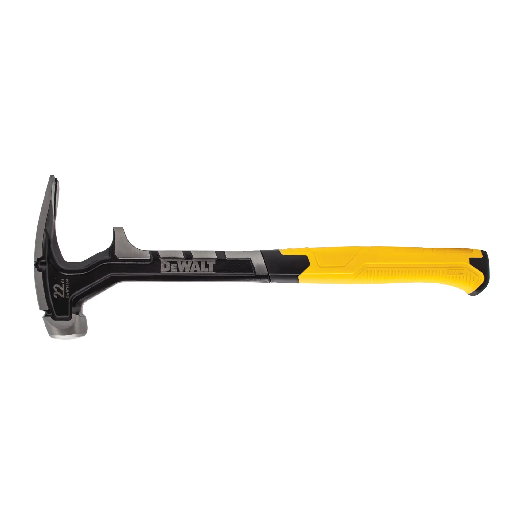 A DEWALT claw hammer with a black and yellow handle and a metal head, shown on a white background.